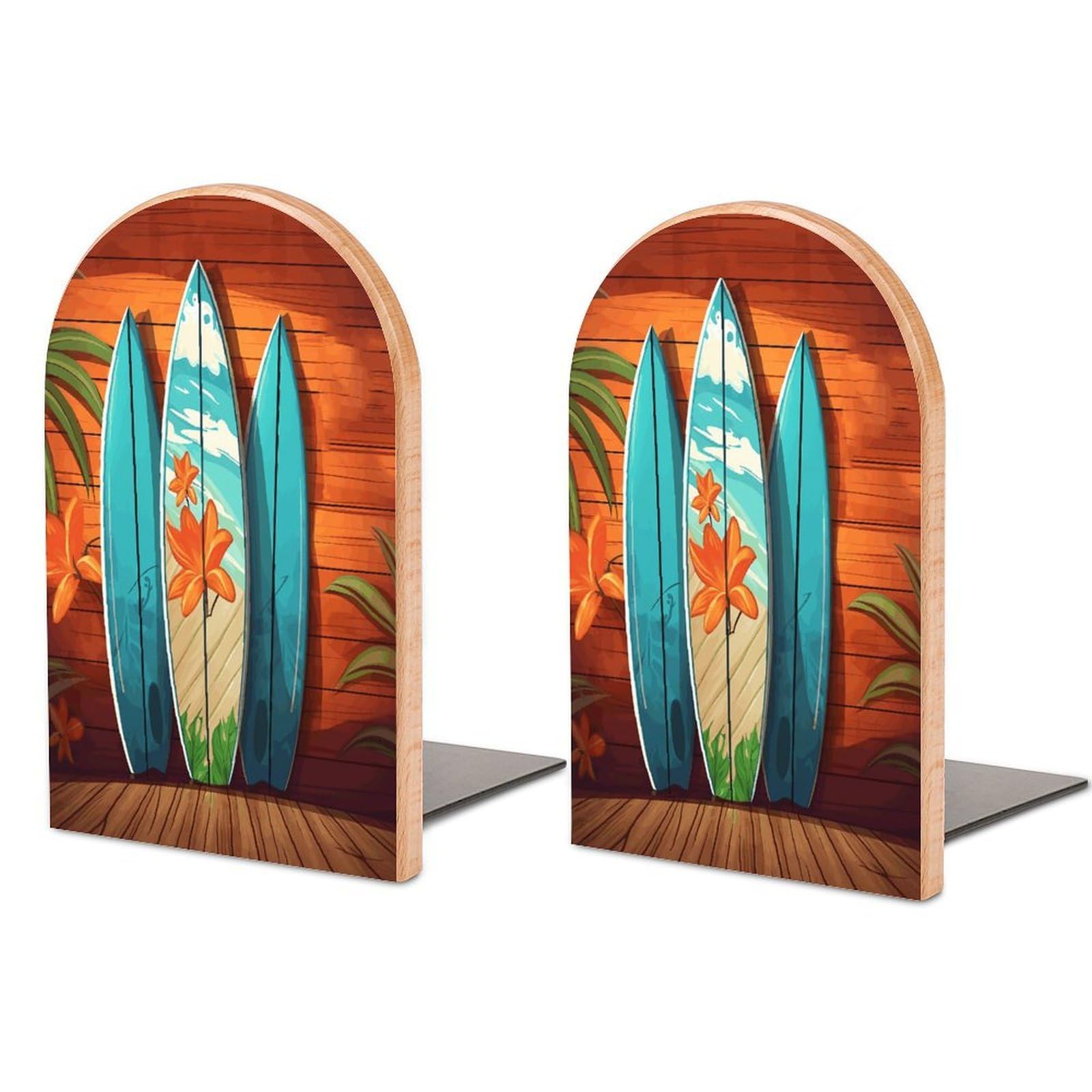 Surfboard on Wooden Bookend for Shelves Non-Skid Book Holder Modern Heavy Duty Bookend Stopper Metal Base Wood Book End Books Shelf Holder Home Decorative 1pair 5x3.9x3.1