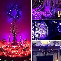 Vista 2 de Guirnalda de luces de hadas moradas de Halloween: paquete de 12 luces LED de 7 pies con 20 luces LED de luciérnaga con cable negro, luces de luna
