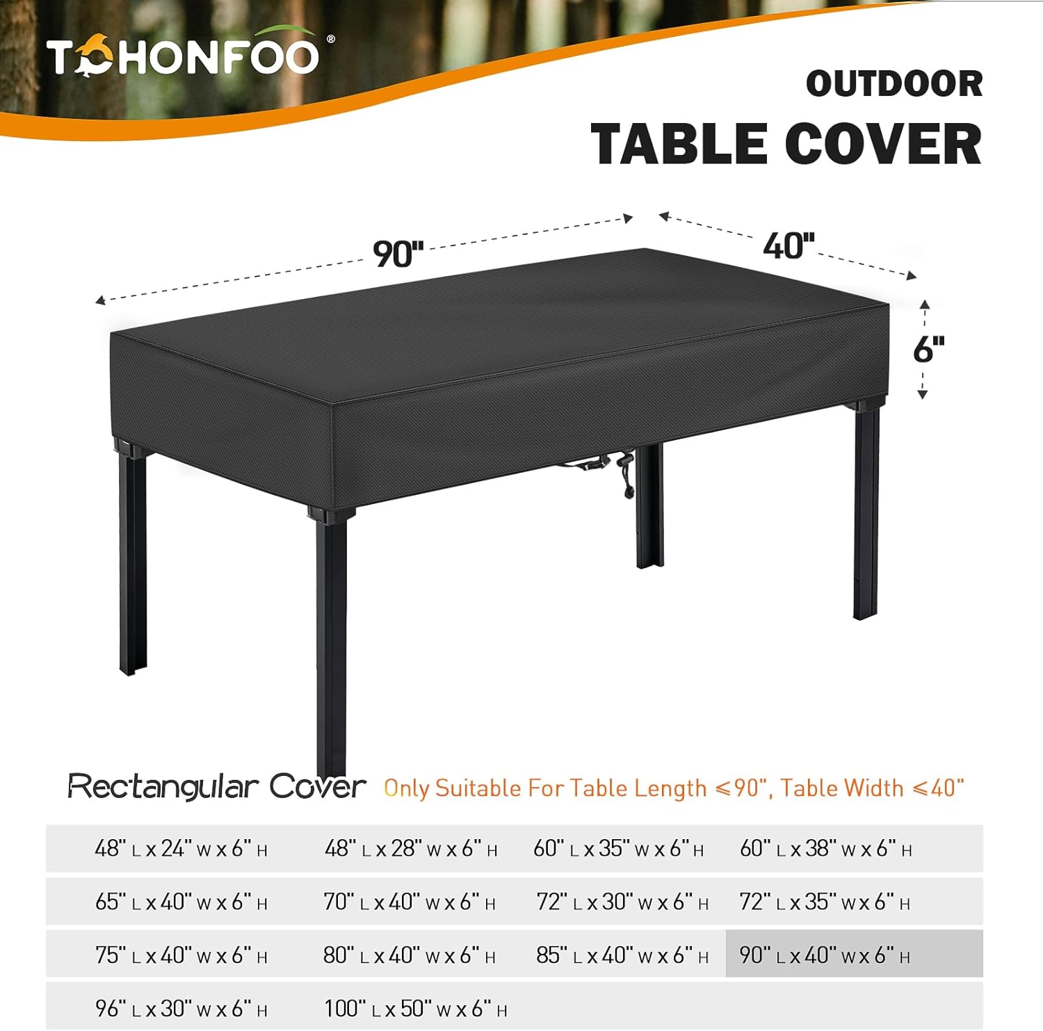 TOHONFOO Rectangular Patio Table Cover - Waterproof Anti-UV Outdoor Table Cover - Outdoor Patio Furniture Cover 90" L x 40" W x 6" H