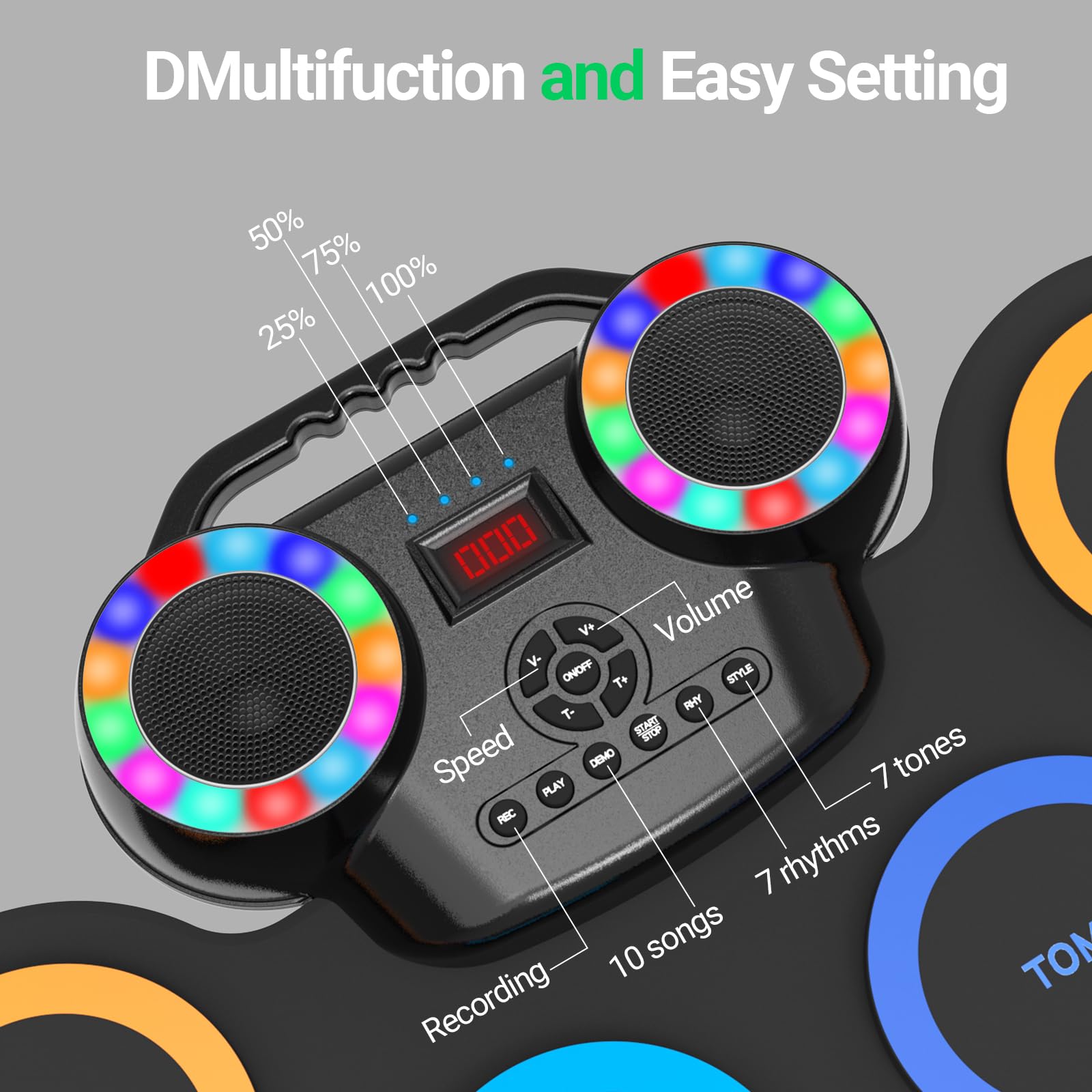 Juego de batería electrónica de 9 almohadillas con luces LED, kit de batería electrónica portátil Bluetooth, almohadilla de práctica enrollable, altavoces duales integrados, auriculares, 3