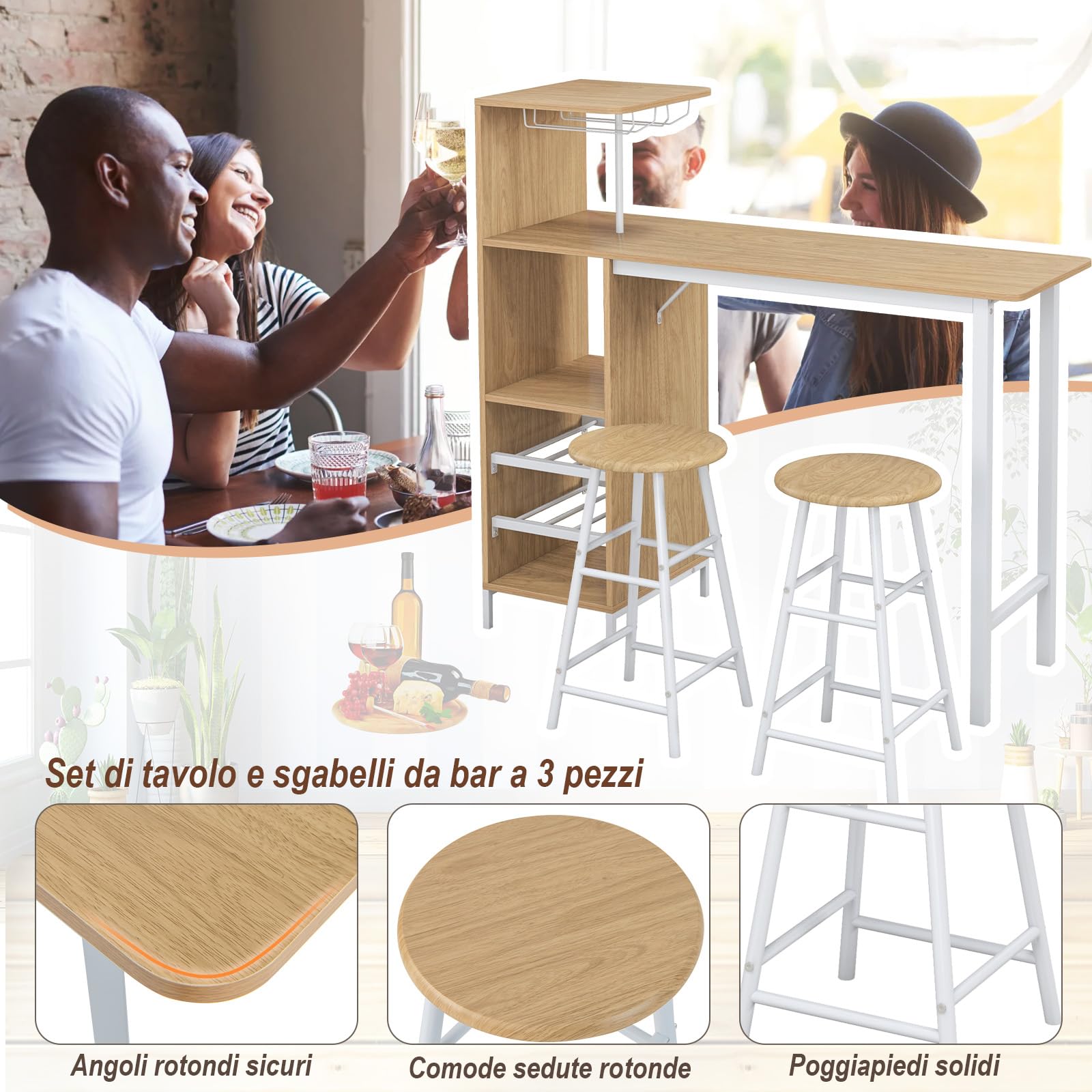 GYMAX Set di Tavolo e 2 Sgabelli da Bar, Salvaspazio con Portabicchieri, Portabottiglie e Mensole Aperte (Naturale)