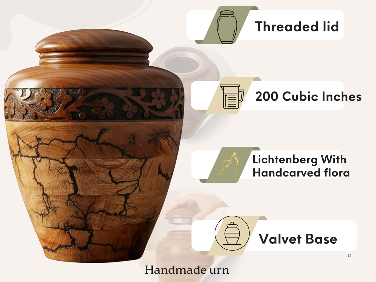 Hand-Carved Mango & Rosewood Cremation Urn – 200 Cubic Inches (10" H x 8" D) | Turned Wooden Funeral Urn with Screw Threaded Lid, Velvet Base, Floral Carving, Adult Human & Pet Ashes