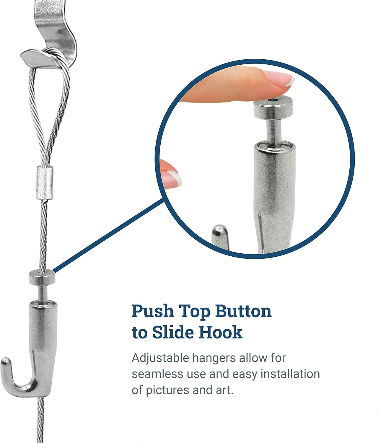 PHS Adjustable Art Hanging Hooks for Art Gallery Hanging System - Self-Gripping J-Hooks for Gallery Rails with 2.0mm Steel Cables - Adjustable Picture Hangers 10 Pack