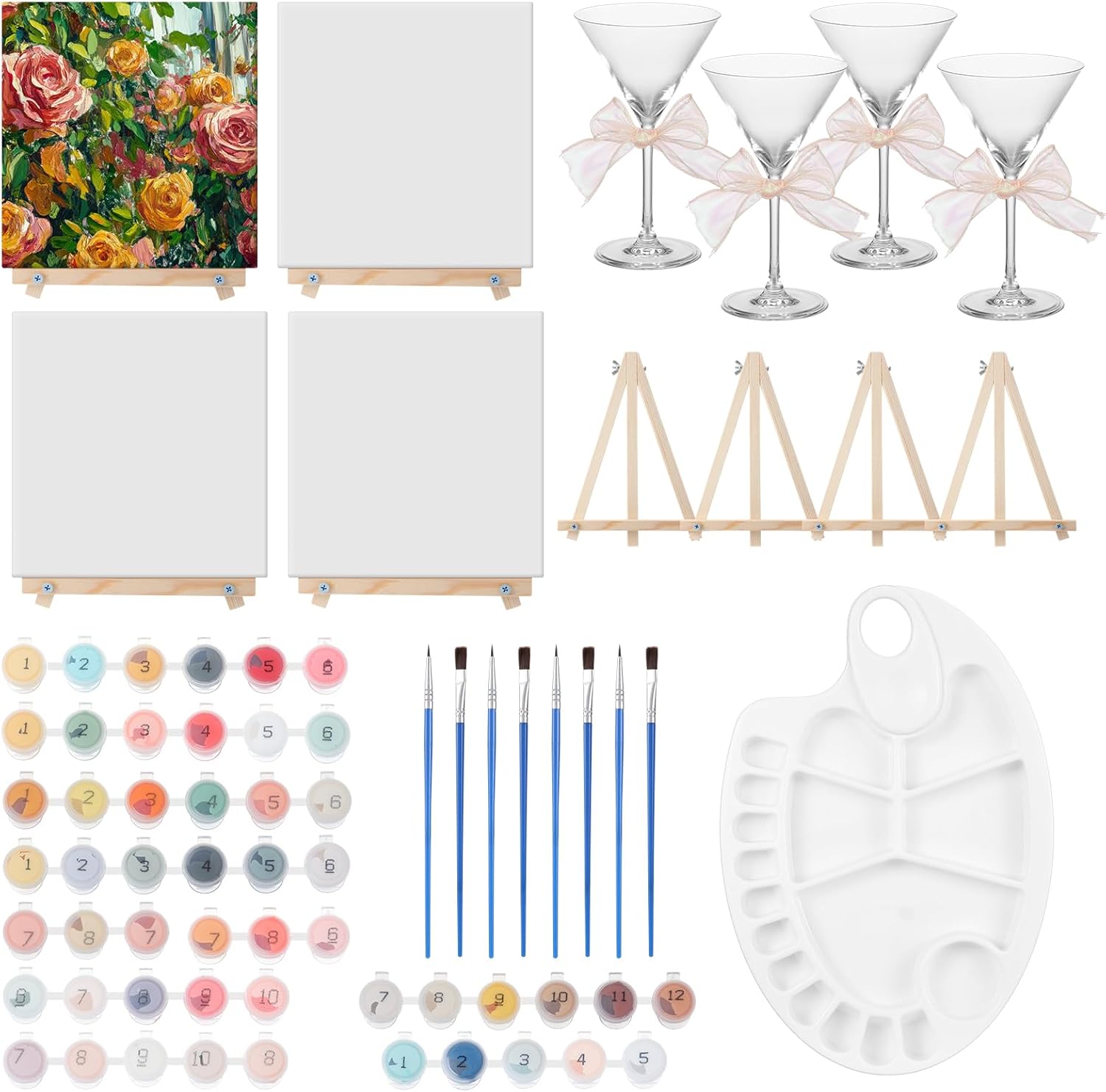 YooNotee 16 Pcs 4 Set Paint & Sip Party Kit 20×20cm White Canvas Frames with Easels, Paint Palettes & Martini Glasses, DIY Birthday Gifts Adult's Date Party Girls Night Art Painting Set