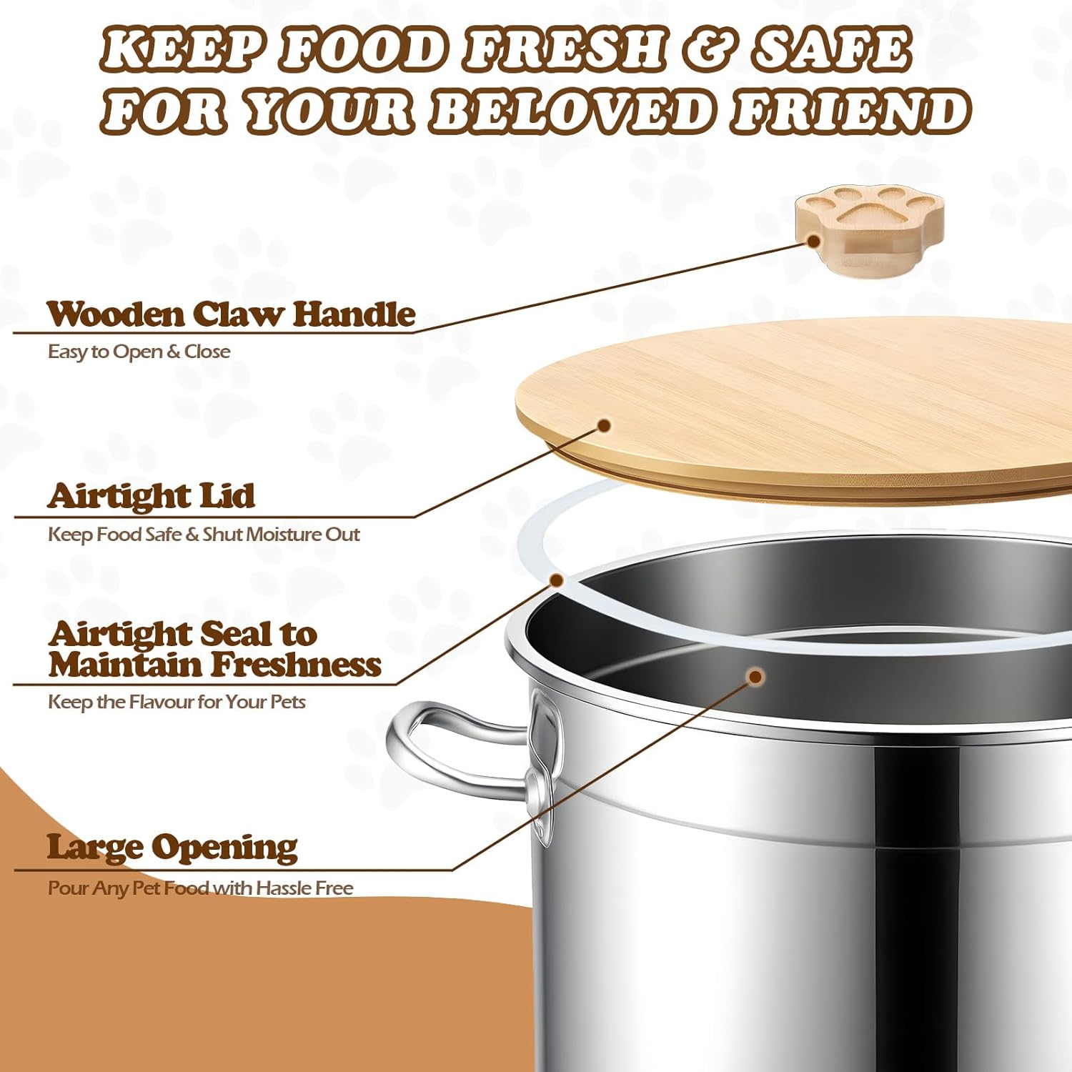 Maxdot 45 Lbs Stainless Steel Food Storage Container for Dog with Airtight Bamboo Lid Spoon & Wooden Claw Handle, Large Metal Pet Food Bin to Keep Fresh Easy Clean & Use for Dog Multiple Pet