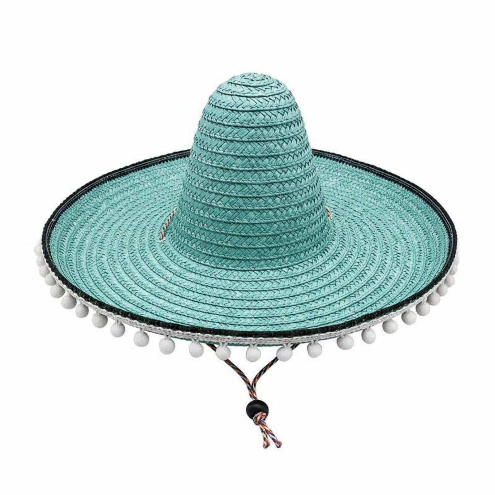 kowaku Mexican Hat Straw Sombreros with Attached White Pom Poms, Sky Blue