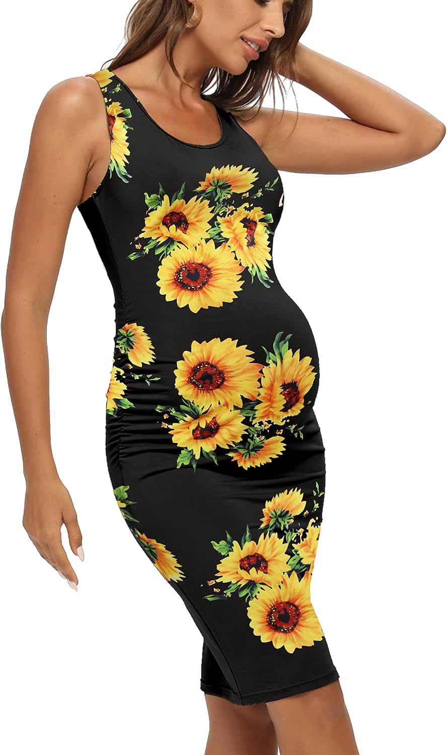 Summer Racerback Tank Maternity Dress, Midi Sleeveless Casual Bodycon Pregnancy Dress