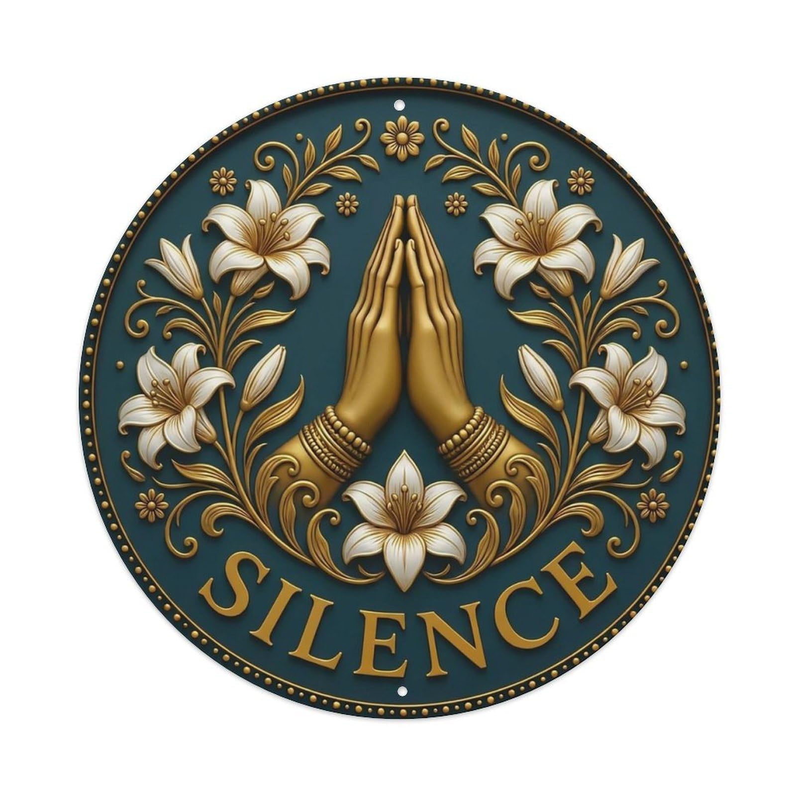 Vintage Namaste Praying Hands Silence Flower Zen Yoga Metal Tin Sign