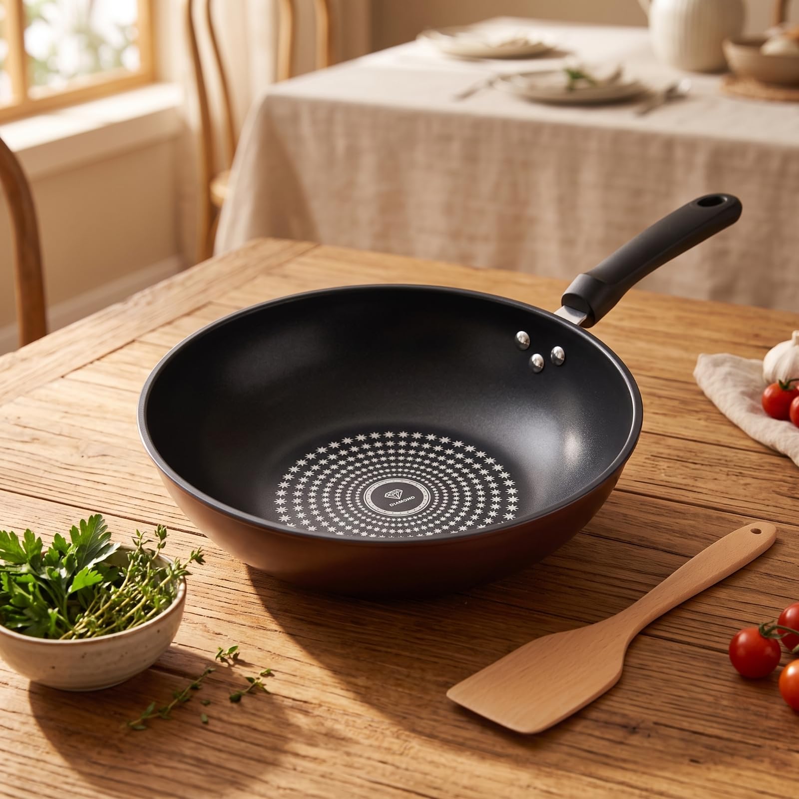 Gralara Wok Antiaderente Facile da Pulire, 30 Cm, Padella Wok Antiaderente Con Coperchio In Cristallo Di Diamante 30 Cm
