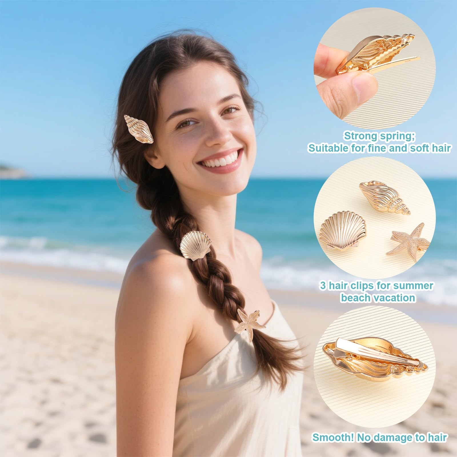 6pcs Conch Seashell & Starfish Hair Clips for Women Girls Gold Small Ocean Alligator Clips Metal Summer Vacation Beachy Hair Barrette Accessories for Holiday Beach Party - Image 4