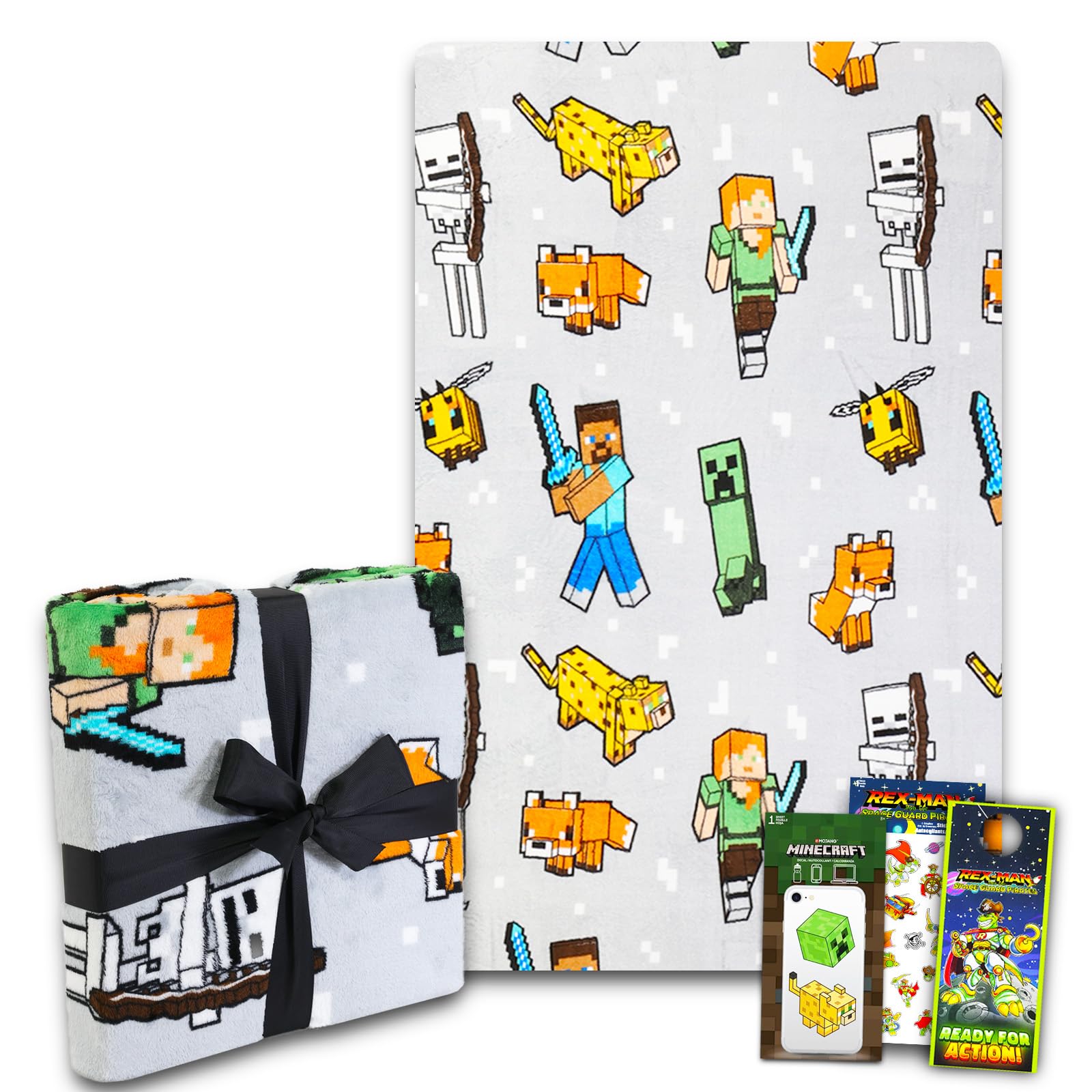 Minecraft Bedding Throw Blanket Set for Kids - 5 Pc Room Decor Bundle for Boys with Throw Blanket, Stickers, and More
