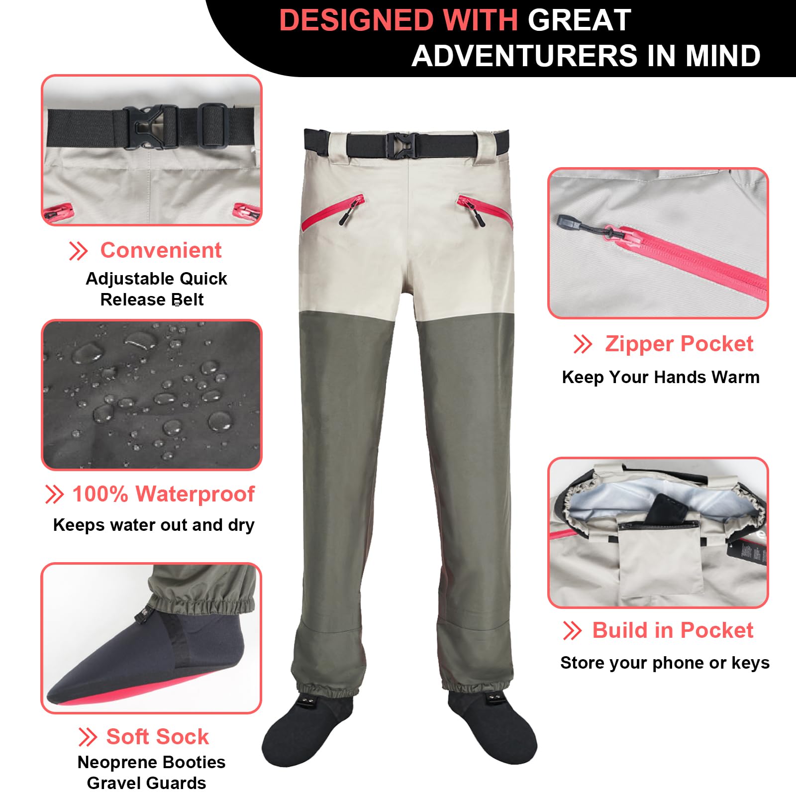Waist Wader for Men and Women, 3 Ply Breathable Waterproof Waist High Pants with Stockingfoot