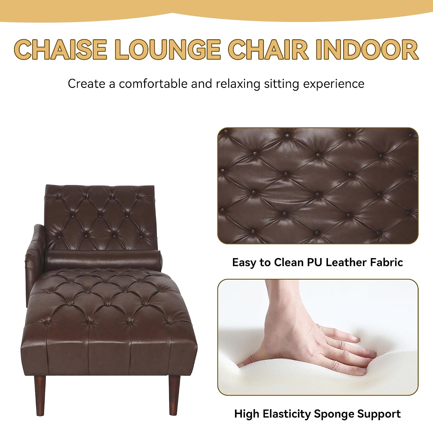 Chaise Lounge Chair Indoor with Lumbar Pillow, Upholstered PU Leather Tufted Chaise Lounges, Mid Century Modern Chaise Arm Chair with Wood Legs for Living Room, Bedroom, Brown