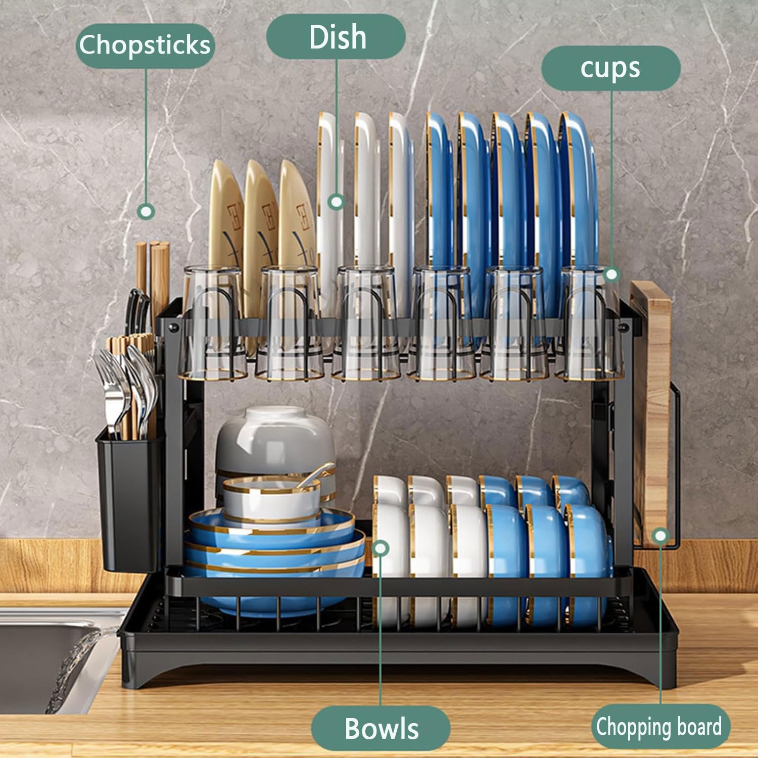 Escurreplatos Acero Inoxidable Cocina, Multifunción Escurridor De Platos Desmontable De 2 Niveles, Escurridor de Platos para Fregadero con Bandejas de Goteo,Soporte de Cubiertos Soporte de Vaso