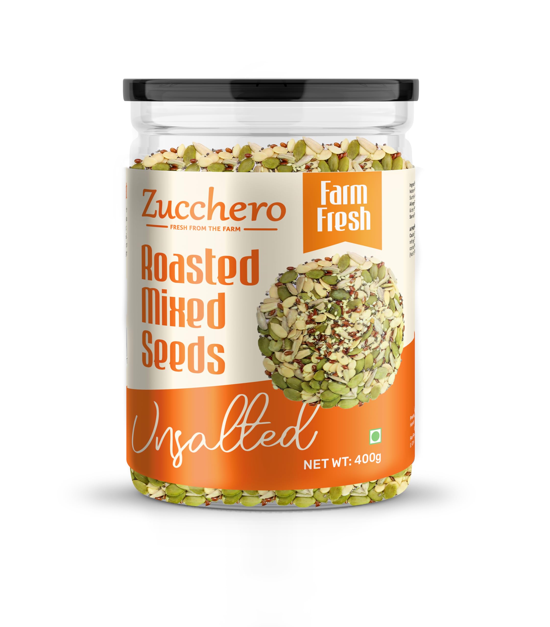 Zucchero Roasted Premium Mixed Seeds, Unsalted, 400G (6 in 1) (Sunflower, Pumpkin, Chia, Flax, Watermelon, Sesame) | Zero Added Oil | Salt-Free | Crunchy Roasted | Protein Rich | Healthy Snack | Omega Rich | Weight Loss