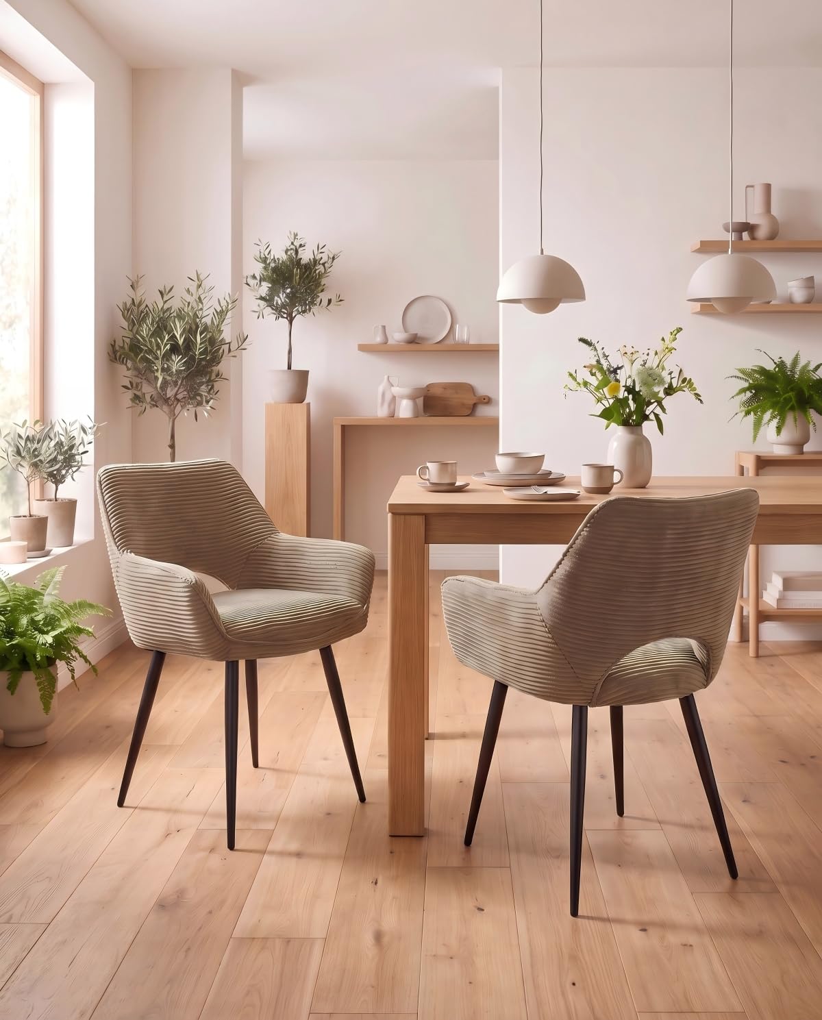 JIJIAN Cord Esszimmerstühle 2er Set mit Armlehnen, Khaki | Stühle Esszimmer, Armlehnstuhl, Wohnzimmer Stühle, Polsterstühle, Ideal für Esszimmer und Küche