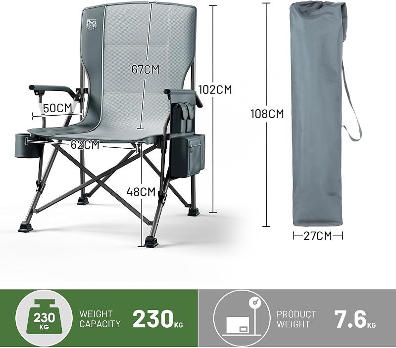 Scaun de camping pliabil supradimensionat TIMBER RIDGE pentru adulți, șezut lat de 62 cm, capacitate de 230 kg, gri, spătar înalt standard cu suport lombar