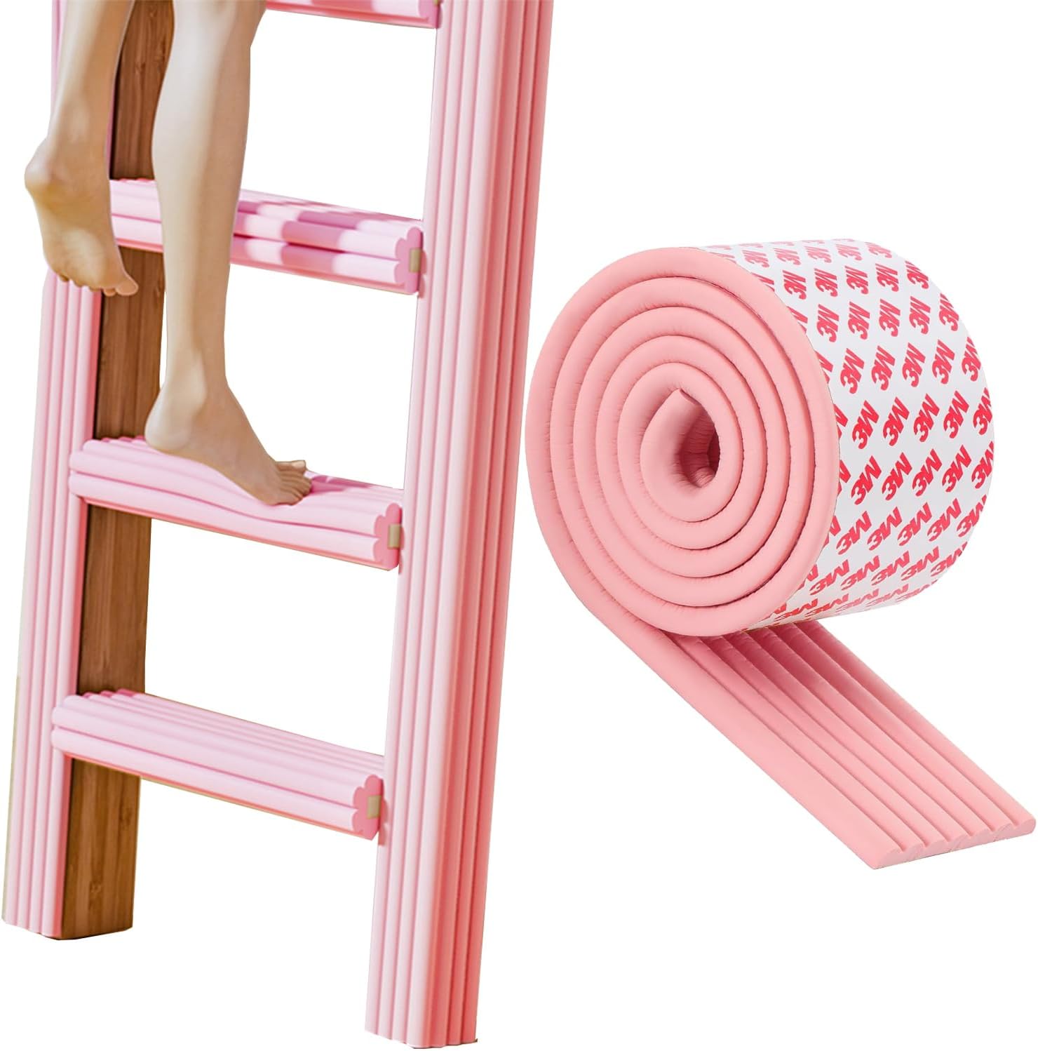 Bunk Bed Ladder Pads, Self-Adhesive Bunk Bed Ladder Cover, Bunk Bed Step Foam Padding, Ladder Step Pads Loft Bed, Soft Extra-Wide Edge Protector, Furniture 6.5 Ft Pink