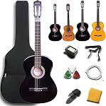 Rosefinch 38 inch Acoustic Guitar for Beginner Child Adult 3/4 Size Smaller Size Guitars Starter Kit W/Bag Strap Pick Capo Guitar 6 Steel String Winder(38'' Black）