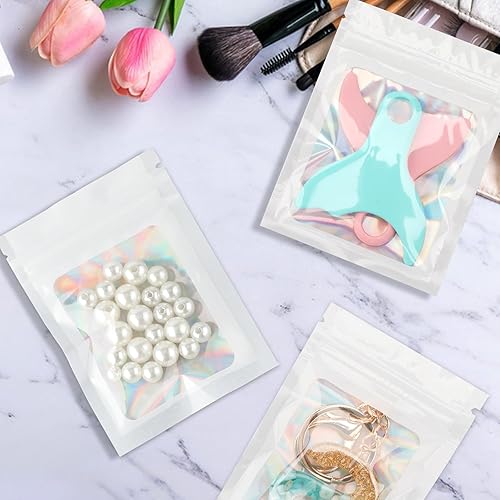 Miniatura 6 de joycraft 100 bolsas holográficas de Mylar blanco, bolsas resellables a prueba de olores, bolsa para joyería, bolsa de papel de aluminio transparente