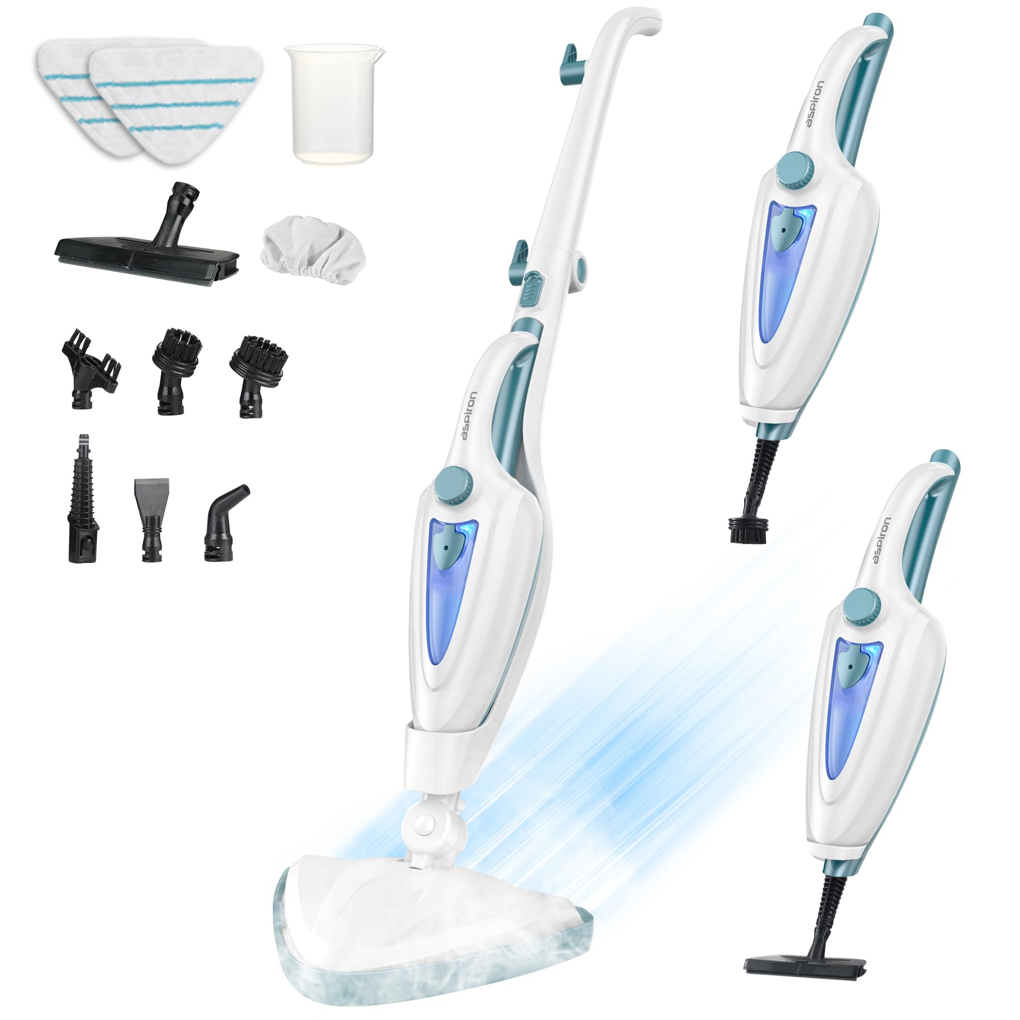 12-in-1 Steam Mop, Fast 15-Sec Heat-Up, 1500W Detachable Handheld Steam Cleaner with 2 Dirt Grip Pads, Removes 99.99% Stubborn Stains for Hardwood Floors, Windows, Tiles, Furniture, Turquoise