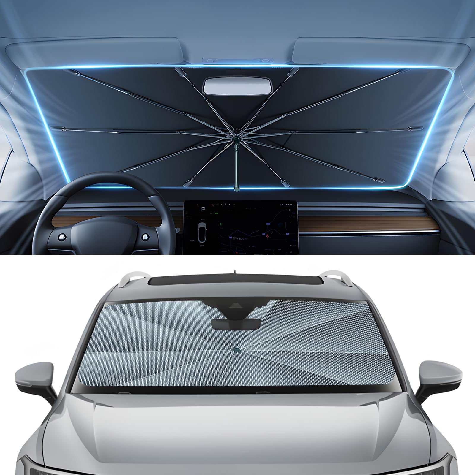 Autorder Windshield Sun Shade Umbrella for 2018-2024 Volkswagen VW Tiguan Accessories,Upgraded Ice Crystal Material,Easy Setup Umbrella Sunshade for Car Windshield,100% Sun Blocking