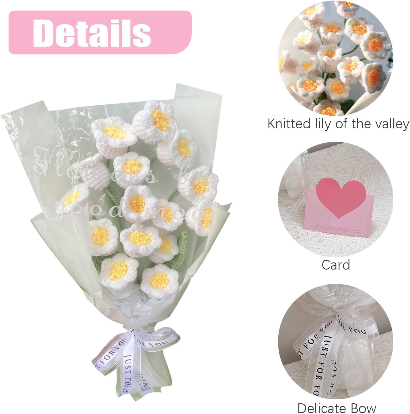 Crochet Flowers Bouquet,Hand Knitted Lily of The Valley,Eternal Warm Artificial Flowers Bouquet,Faux Plants Home Decor Gift for Mother Father Teacher
