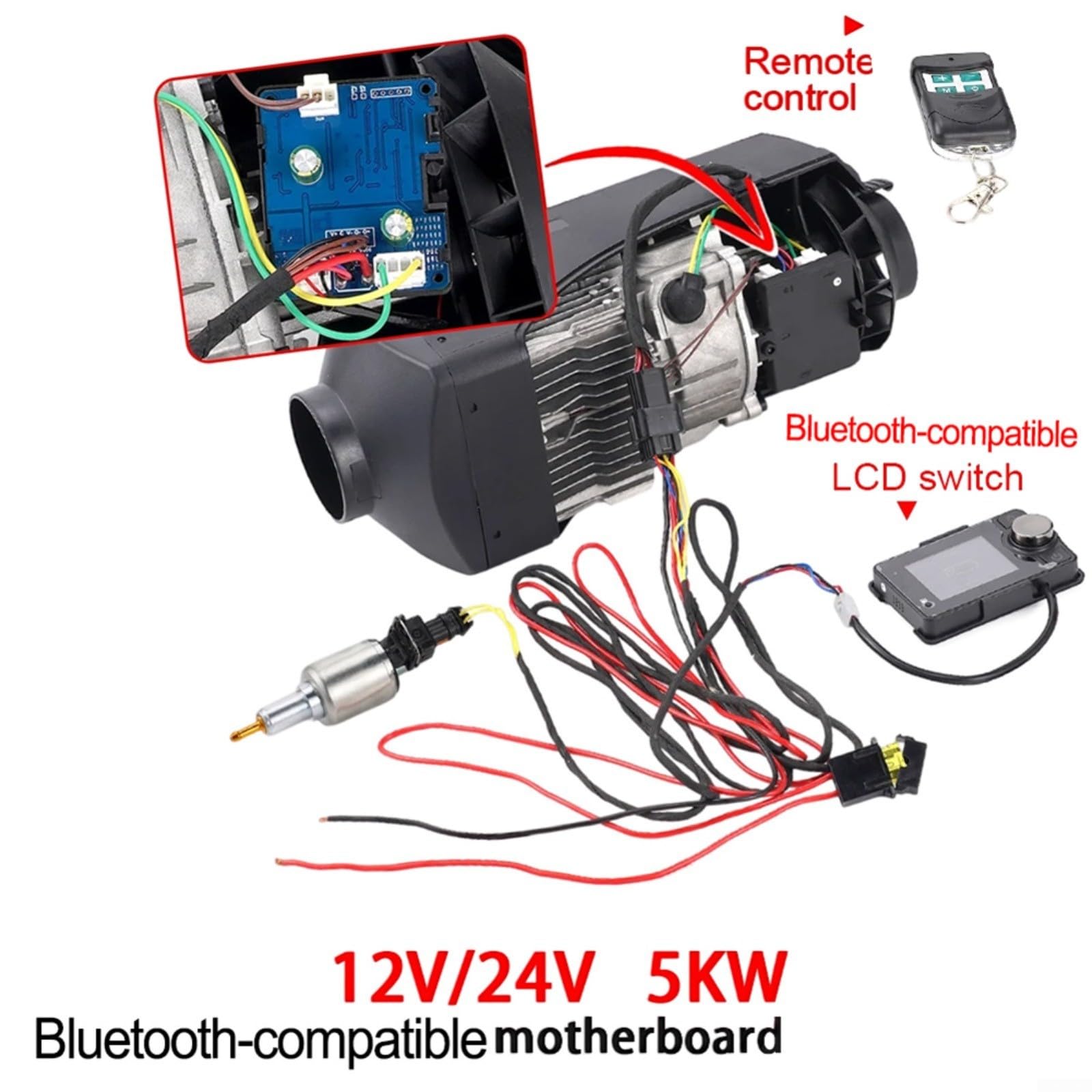 5KW Diesel-Luftheizung mit LCD-Schalter und Fernbedienung,für 12V/24V Fahrzeugen, Bluetooth-Steuerung für Standheizung im Auto, inklusive Controllerplatine und Kabelsatz(12V)