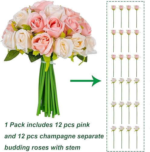 Miniatura 4 de BLOSMON Rosas artificiales de 24 cabezas rosas falsas rosas y champán ramo de boda para novia arreglos florales de rosas artificiales a granel para