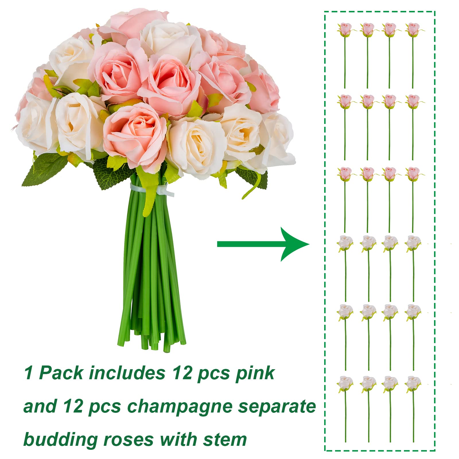 BLOSMON Kunstblumen Rosenstrauß – 24 Köpfe, Champagner & Rosa, 6 Stück, Für Hochzeit & Deko