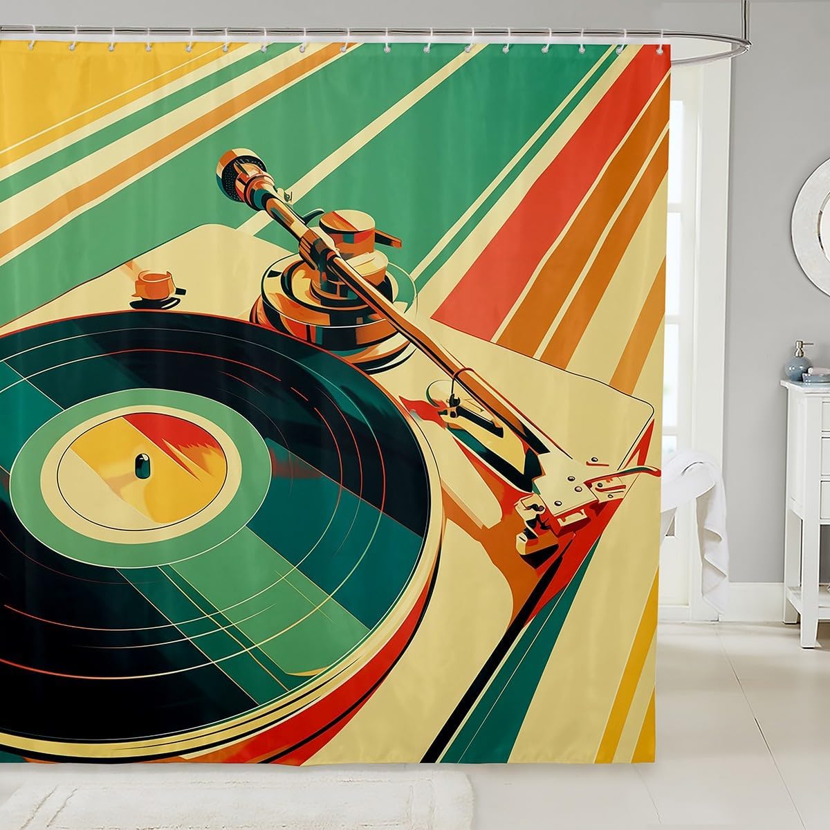 jejeloiu 83s Retro Vinyl Record Bath Curtain 72"x78" Boys Girls Music Notes Shower Curtain Music Player Vintage Music Bathroom Shower Curtain Set Green Yellow Kids Bathroom Accessories Shower Curtain