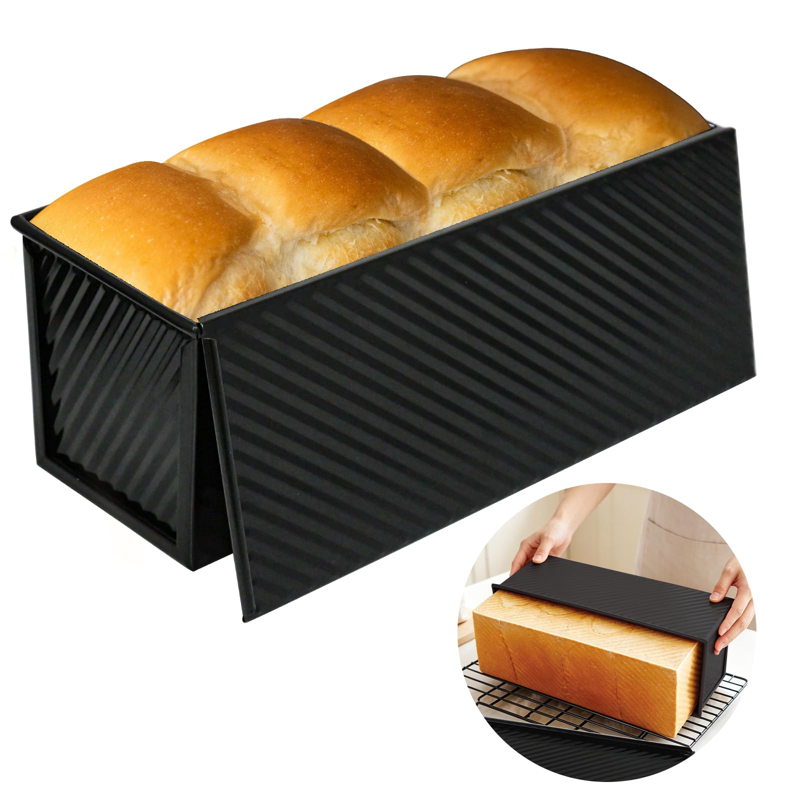 inodiref Loaf Tin with Lid 1000g(2.2lb) Dough Non Stick Bread Loaf Tins for Baking, Black Corrugated Loaf Pan Bread Pan, Carbon Steel Large Bread Tins for Baking Homemade Cakes Sandwiches Toast Bread