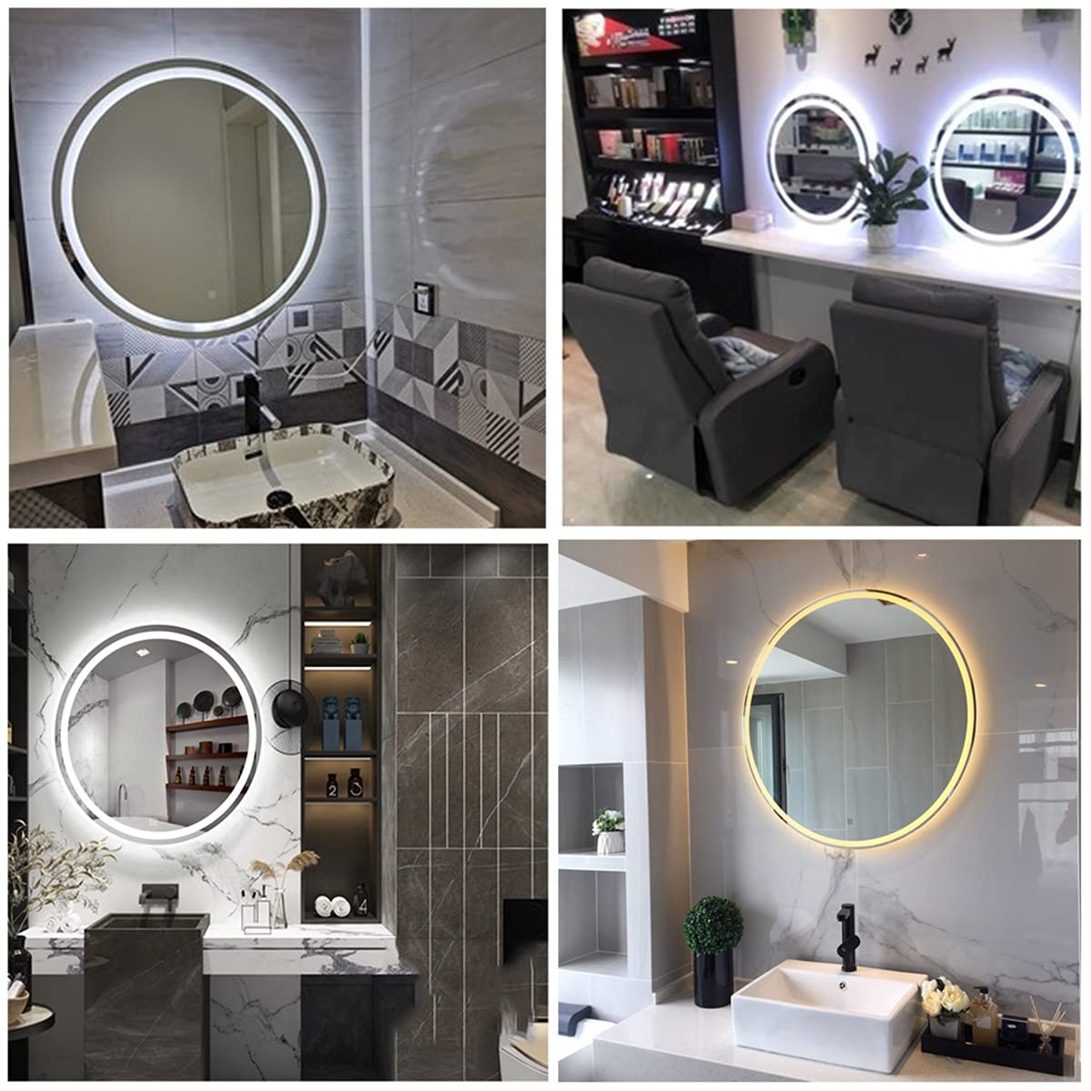 Okrągłe lustro łazienkowe z podświetleniem LED, lusterko do makijażu z podświetleniem Smart LED, wodoodporne lustro ścienne IP44, inteligentny podwójny przełącznik dotykowy, funkcja przeciwm