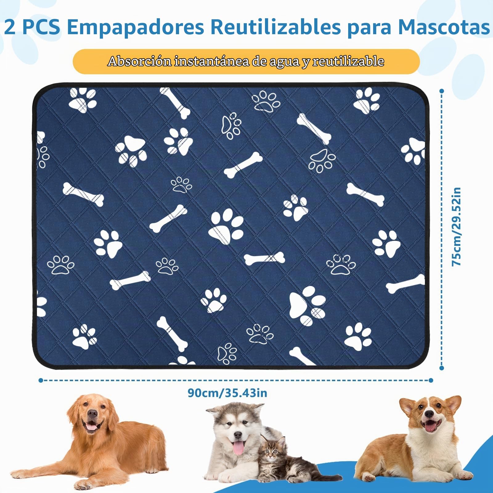 Empapadores de Adiestramiento para Perros Reutilizables 90x75cm, 2 Piezas Alfombrilla Absorbente de Orina para Mascotas, Bandeja Perros Pipi Lavable con Base Antideslizantes para Jaula, Cama