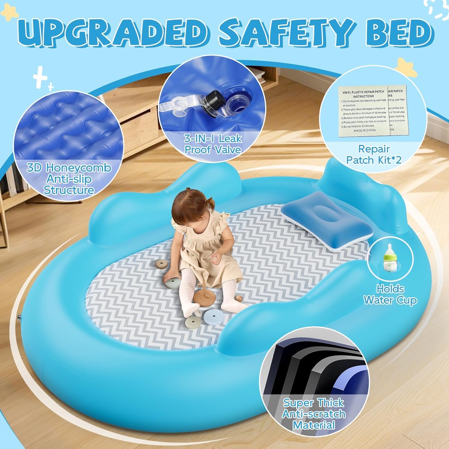 Inflatable Toddler Travel Bed - Toddler Blow Up Mattress with 3 Sides Bumpers - Kids Air Mattress with High-Speed Pump & Carry Case Easy to Inflate -Blue - 4