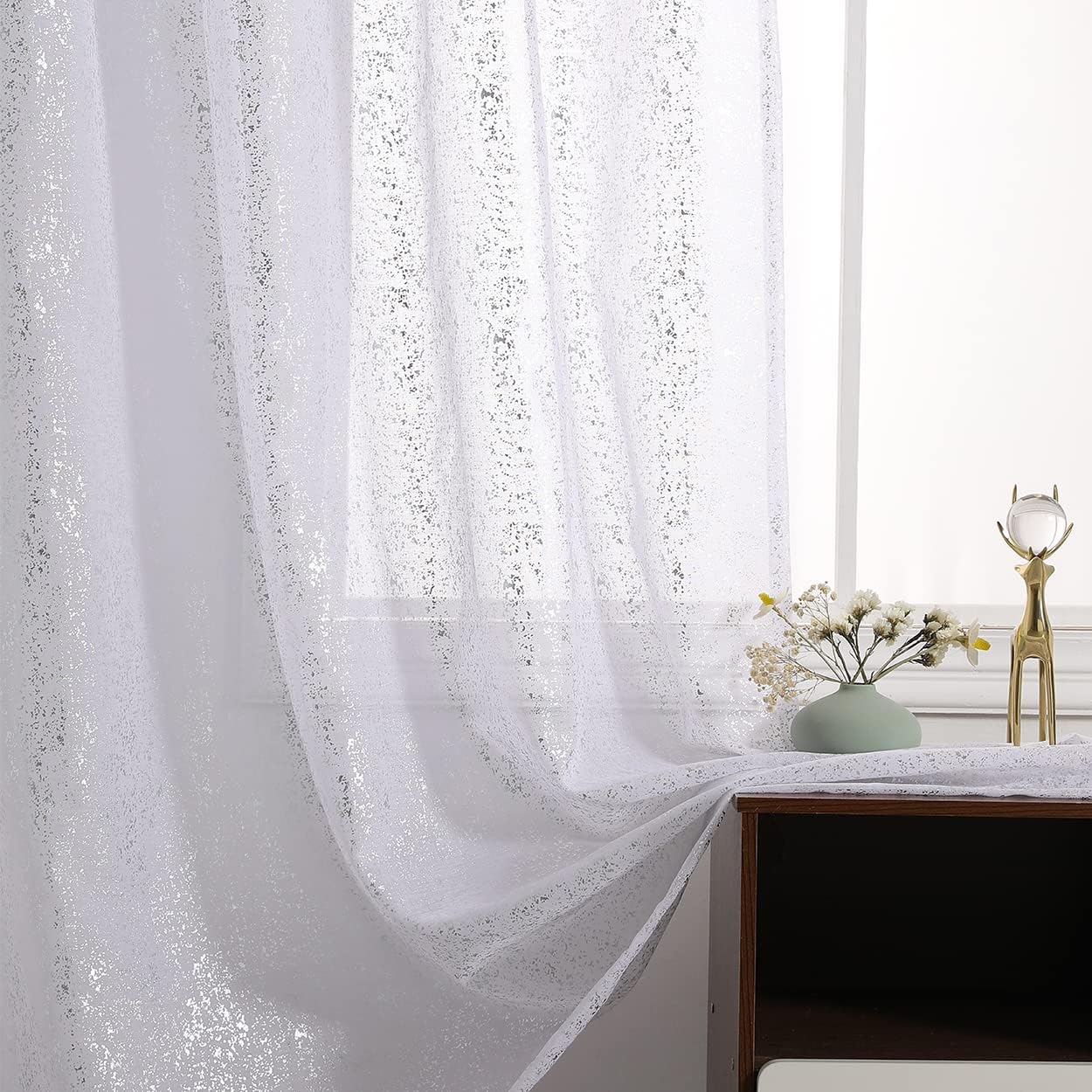 Kotile Sparkle Net Curtains White - Metallic Silver Foil Glitter Sheer Curtains 72 Inch Drop, Privacy Rod Pocket Silver White Voile Curtains for Living Room, W66 x D72 Inch, 2 Panels, Silver White