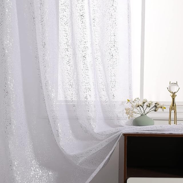Kotile Silver White Net Curtains - Metallic Glitter Silver Foil Dots White Voile Curtains 54 Inch Drop, Rod Pocket Privacy Sheer Curtains for Bedroom, W46 x D54 Inch, 2 Panels, Silver White
