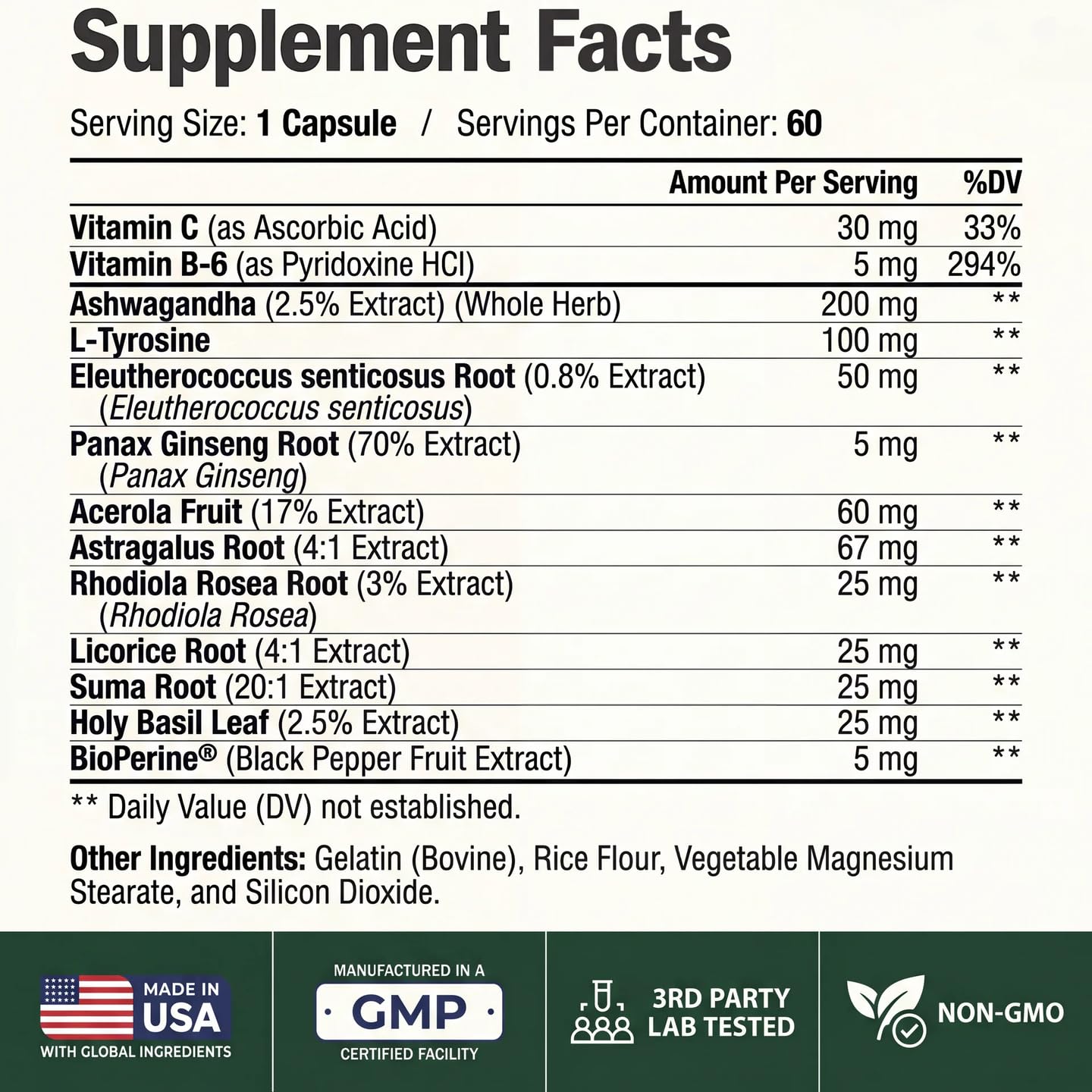 Adrenal Support Supplements - Ashwagandha, Rhodiola & Holy Basil, 60 Caps — Amazon image 2