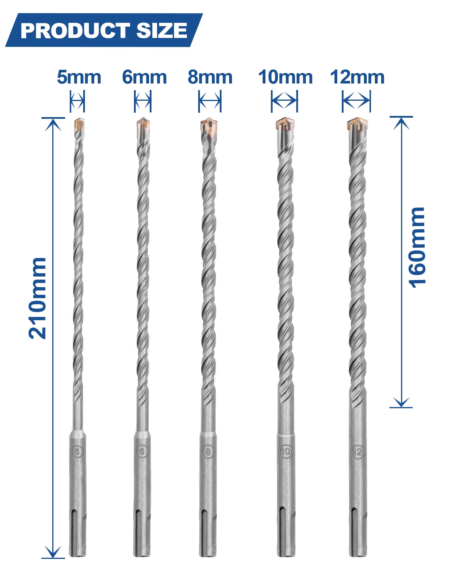 HIGHDRIL Punte per Trapano SDS Plus - 10 pezzi 5/6/8/10/12mm (Lunghezza 210 mm) Kit di Punte in Carburo per Muratura per Cemento, Mattoni, Pietra, Granito