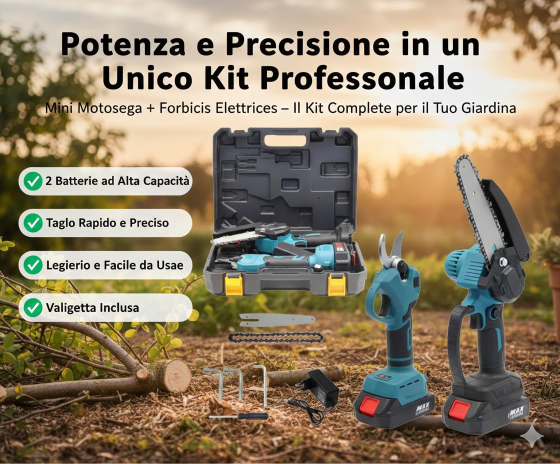 Kit Potatura Elettrico a Batteria 2 in 1 – Mini Motosega + Forbici da Potatura – 2 Batterie Ricaricabili, Valigetta Rigida, Taglio Rapido per Giardino e Alberi