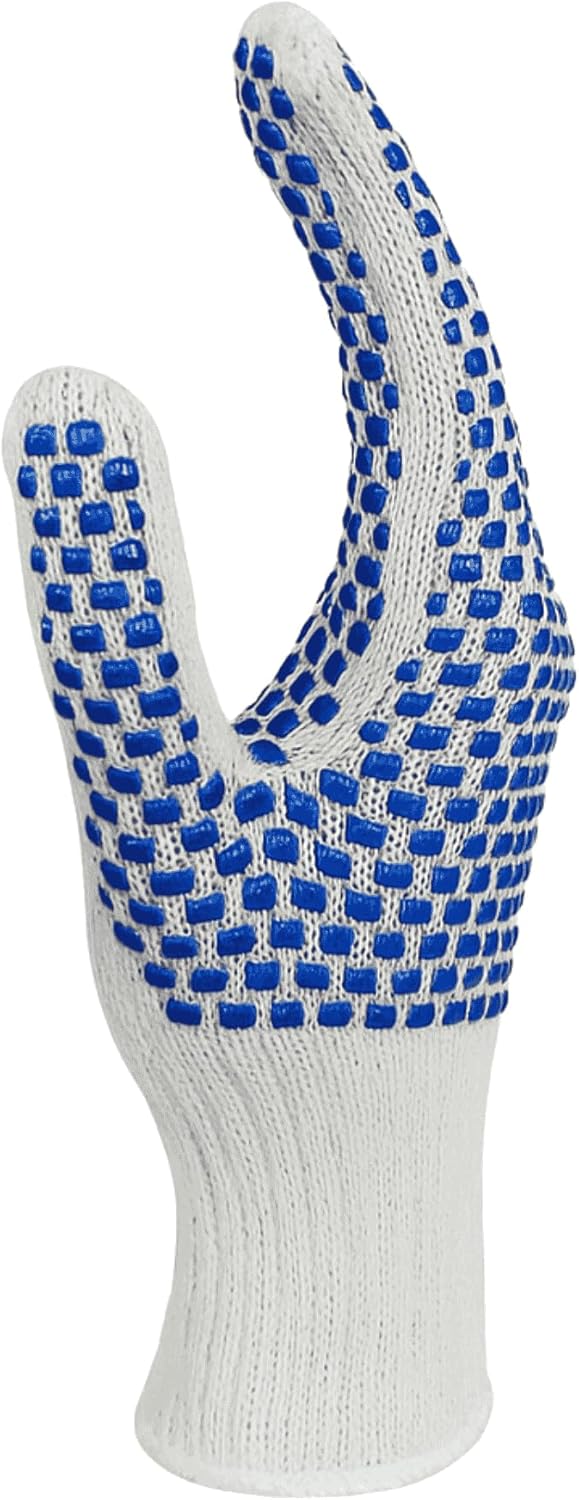 GUS String Knit Cotton/Polyester Glove with Two-Sided Blue Anti-slip PVC Block Grip, Medium Weight, Men's Size, 12 Pairs, Gardening and warehouse glove