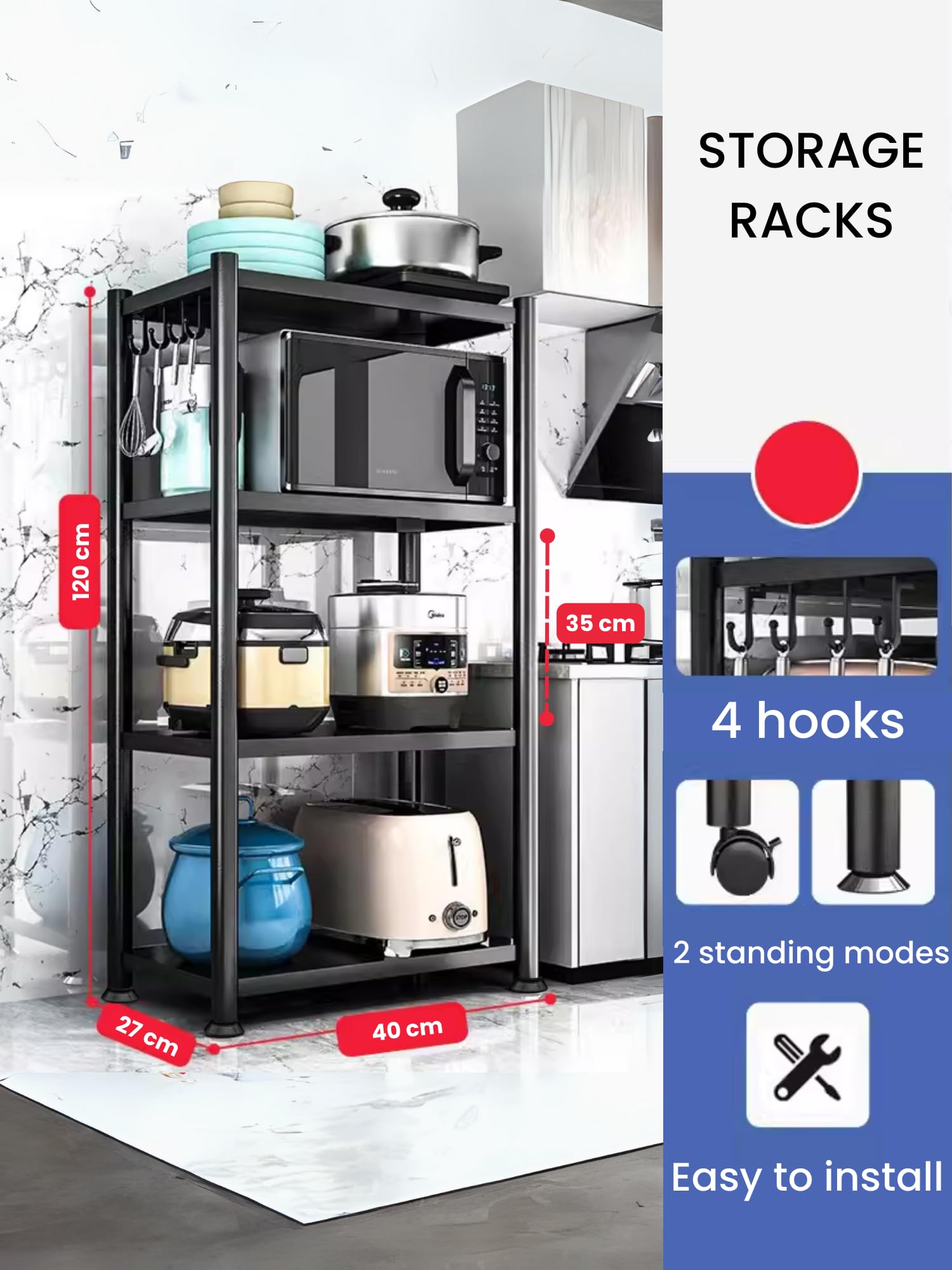 MAGIC SELECT Estantería para Almacenaje, Repisa Modular Multiusos, Estante con Ruedas, Estantería de Pie, Mueble para Cocina, Baño, Habitación, Salón con 4 Baldas de Almacenamiento. (120x40x27cm)