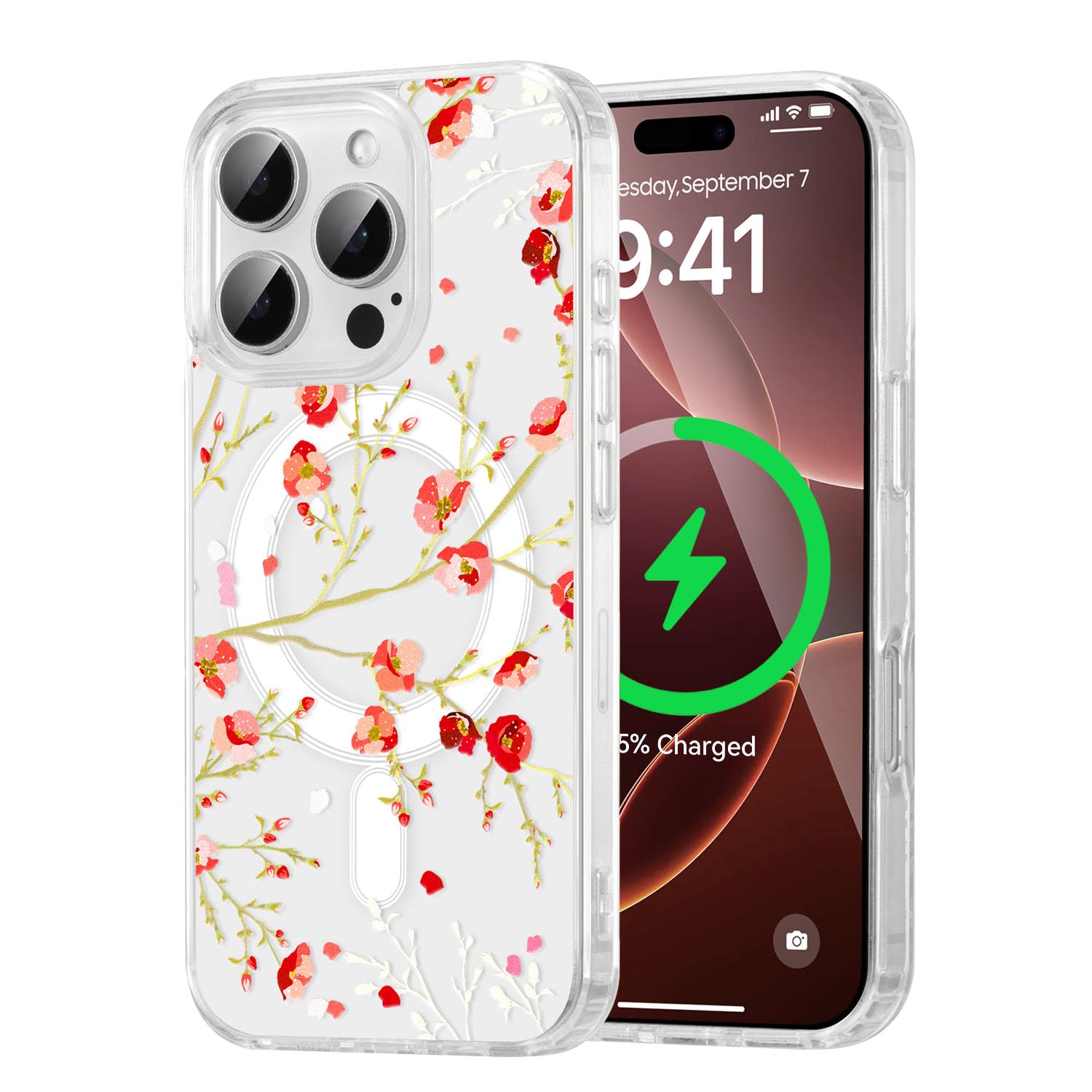 Coque iPhone 16 Pro Magsafe fleur rouge transparente antichoc - 8