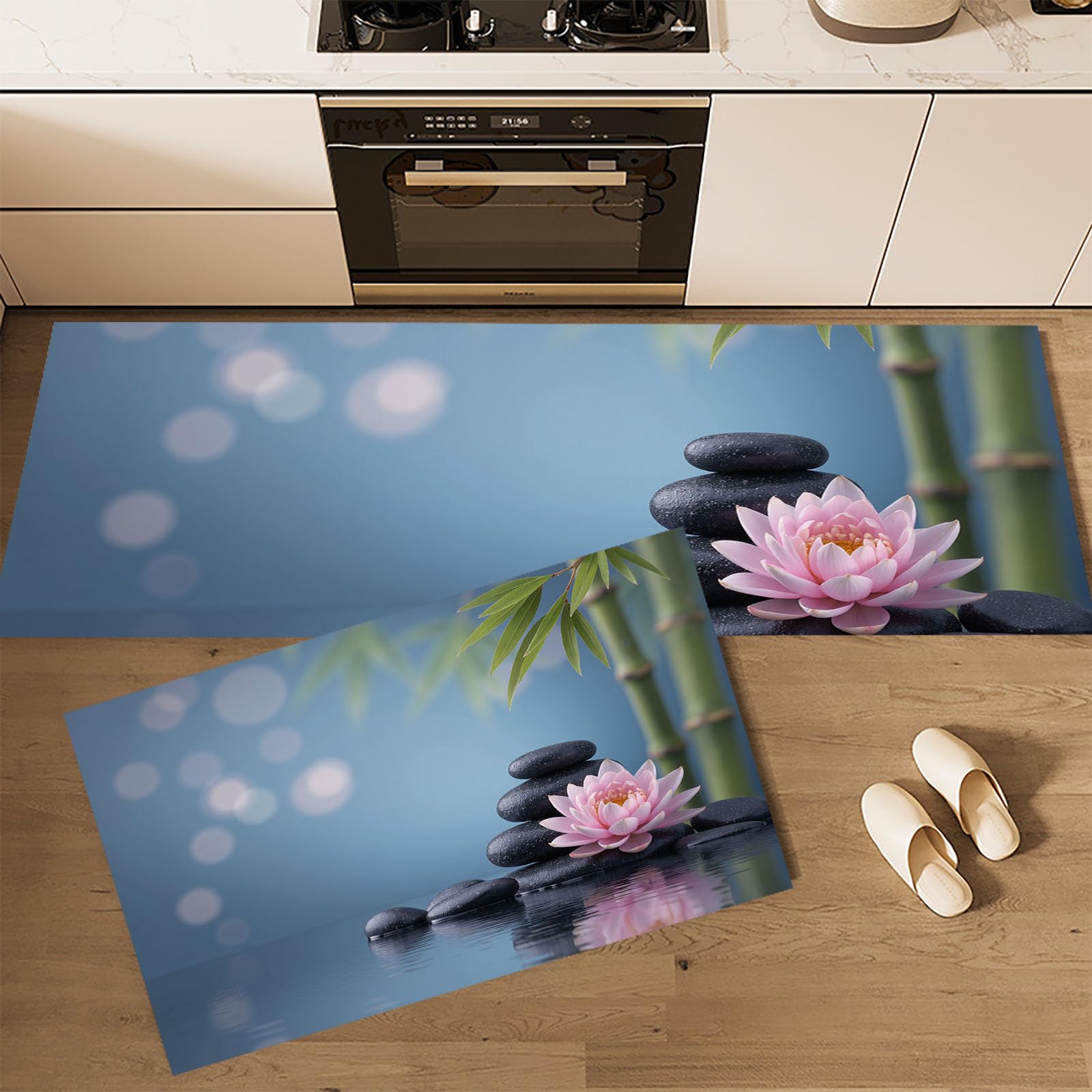 Tapis de cuisine antidérapants lot de 2 design nénuphars et bambou zen bleu-gris