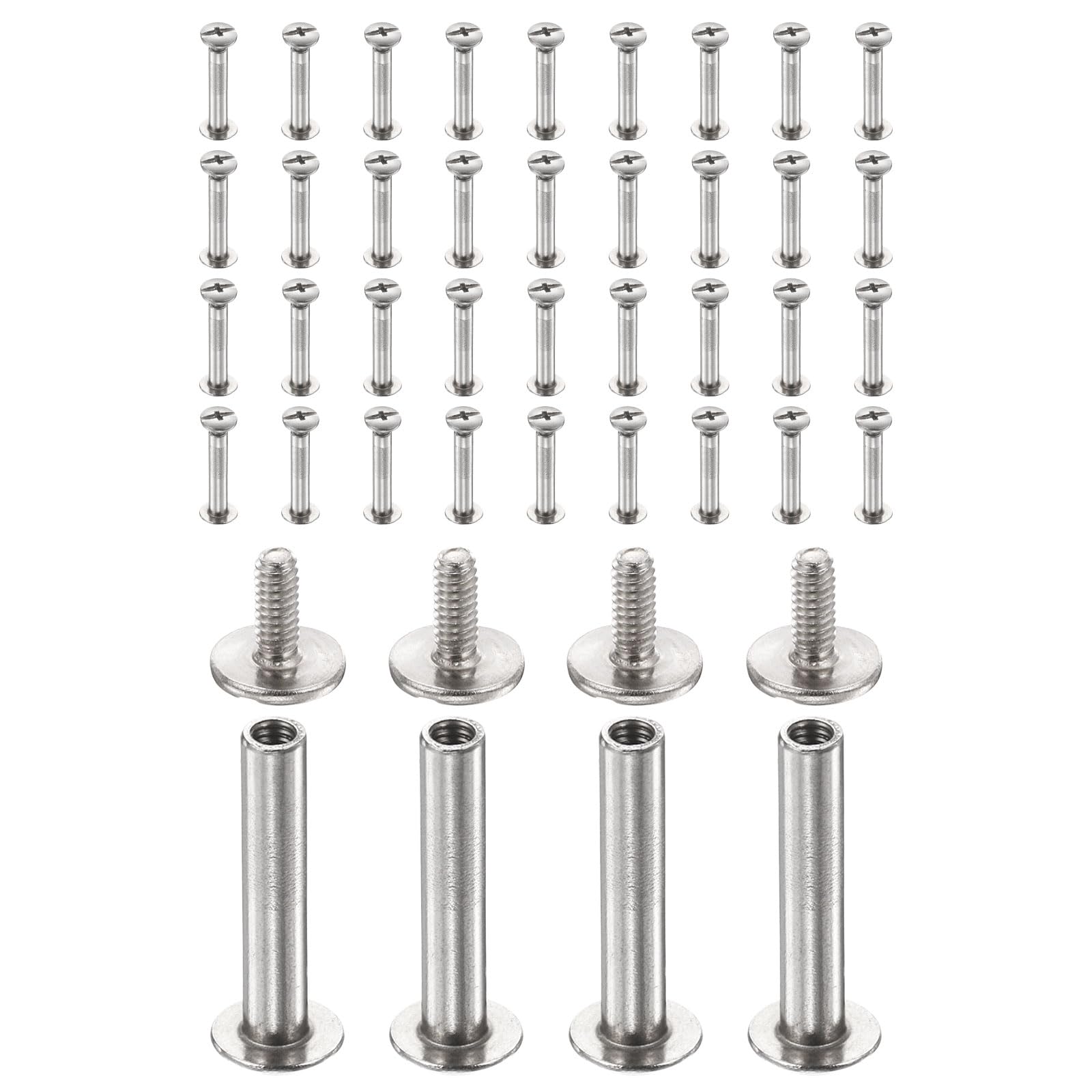 sourcing map 40set Chicago Screw M2x15mm 5mm Length Metal Phillips Nail Rivet Stud Bolts Rivets Binding Post Screw for DIY Leather Belt Bag Craft Bookbinding, Silver