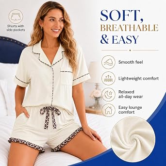 RONGTAI Women's Pajama Set Button Down Lounge Set with Leopard Trim | Breathable fabric, relaxed fit, and side pockets for comfortable lounging & everyday wear