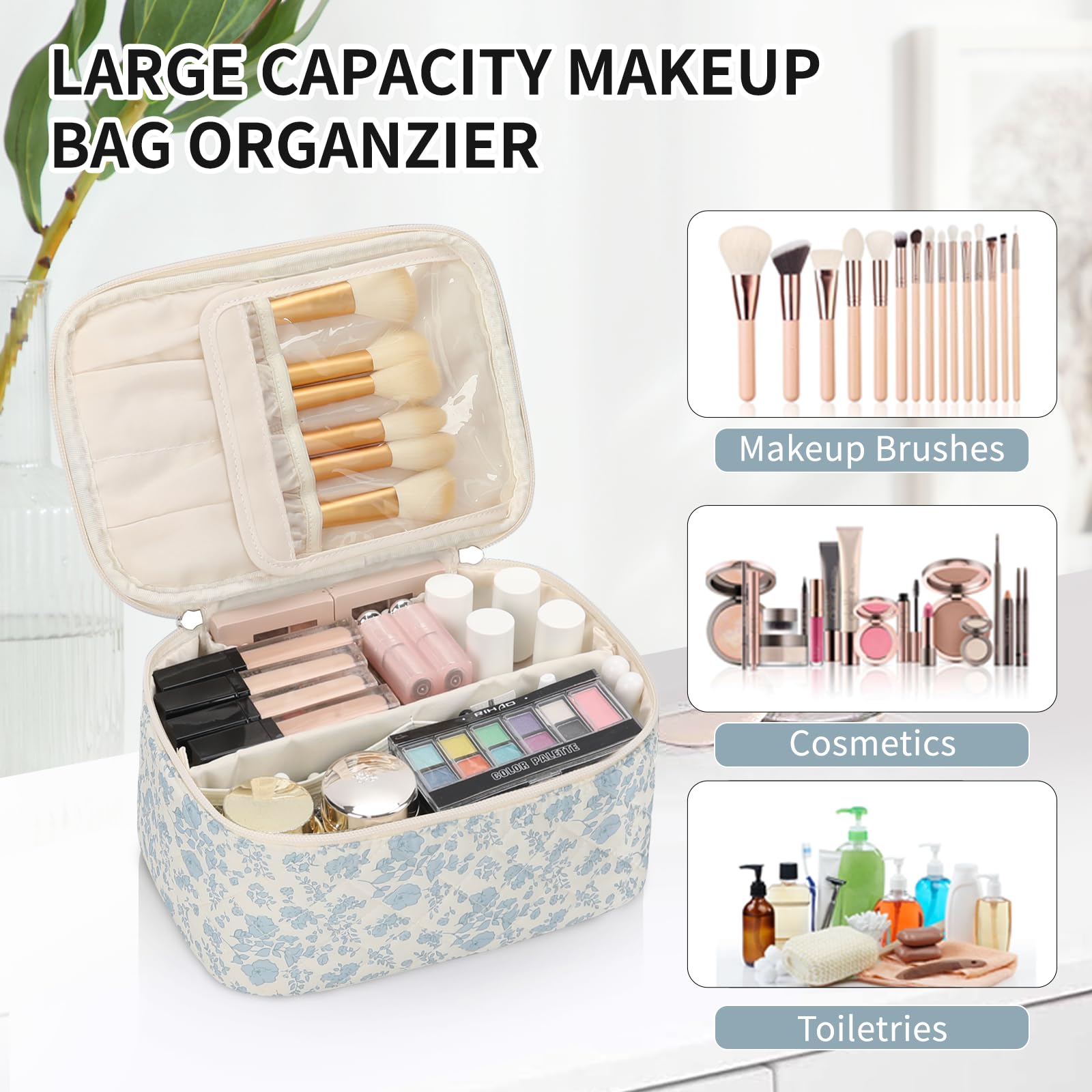 Make-up-Tasche, Tragbare Kosmetische Tasche, Reise-Make-up-Fall-Organisator der großen Kapazität, Schwarz für Frauen-Toilettentasche für Mädchen, die mit Griff und Teiler Reisen (A-blauer blumendruck)