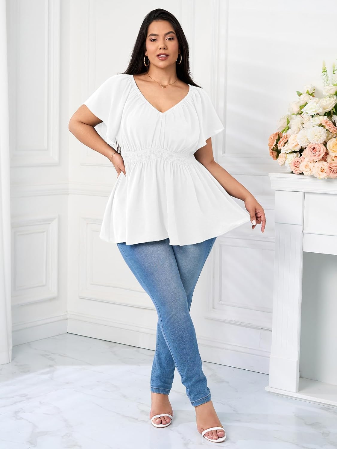 Womens Plus Size Tops V Neck Short Sleeve Blouse Babydoll Ruffle Peplum Smocked Dressy Casual Summer Top - Image 5