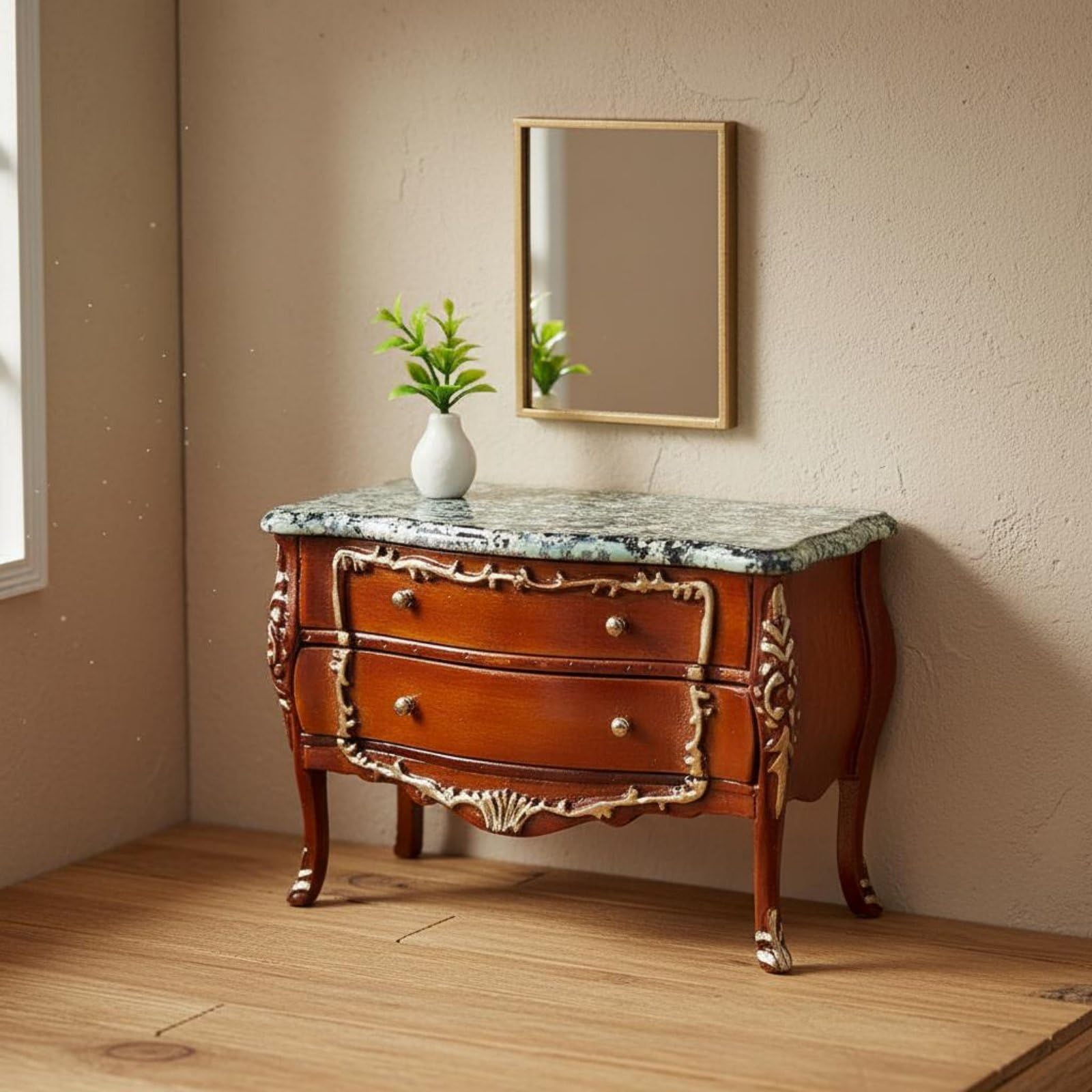 Mini Armoire Cabinet Miniature Commode Meuble Poupée Rangement avec Deux Tiroirs Sculptés Style Régence Jambes Courbes Convient aux Salons et Chambres Miniatures, Blanc
