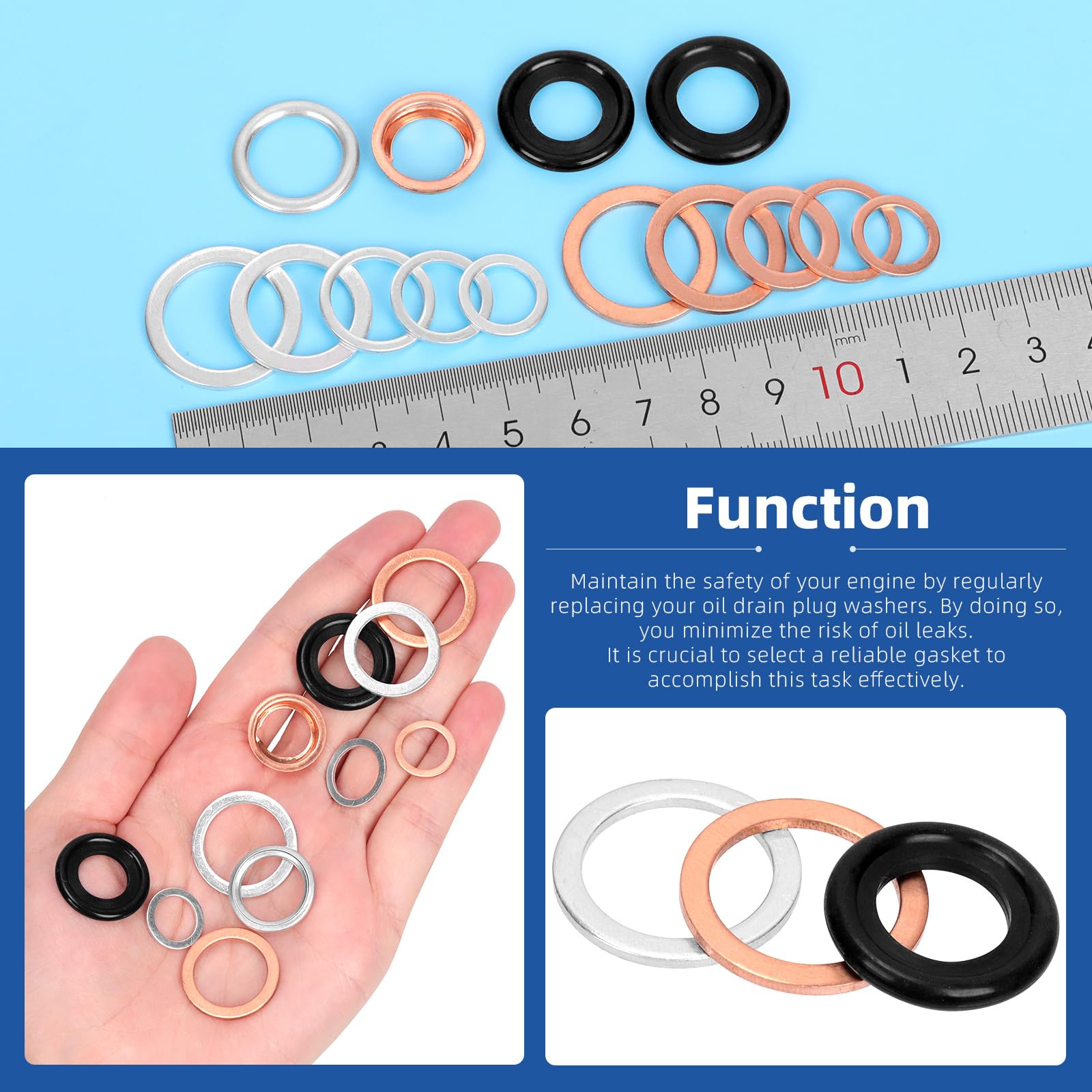 Glarks Kit di Guarnizioni per Tappo di Scarico dell'Olio Automobilistico - 80 Pezzi, 11 Misure (M10-M18) - Alluminio, Rame, Gomma - Rondella di Scarico